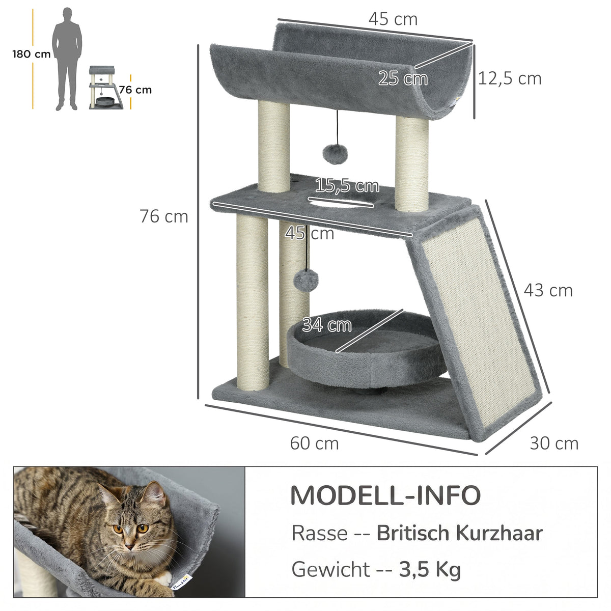 Draskyklė 76 cm su gultu, U formos platforma, sizalio kilimėliu ir žaislais, katėms iki 5 kg, šviesiai pilka