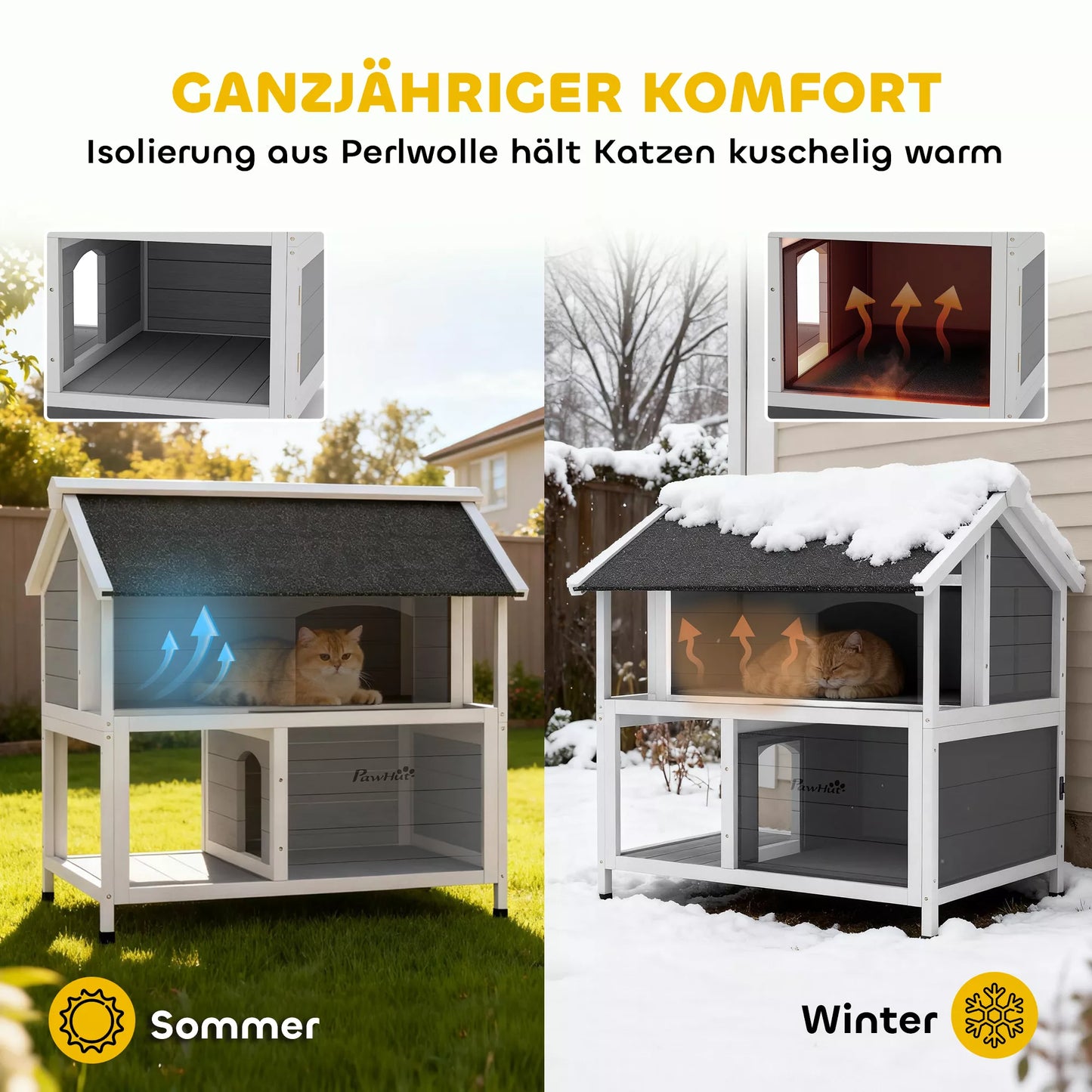 Lauko katės namelis, prieglobstis lauke, atsparus vandeniui, atidaromas stogas, eglės mediena, 80 x 93 x 95, pilkos spalvos