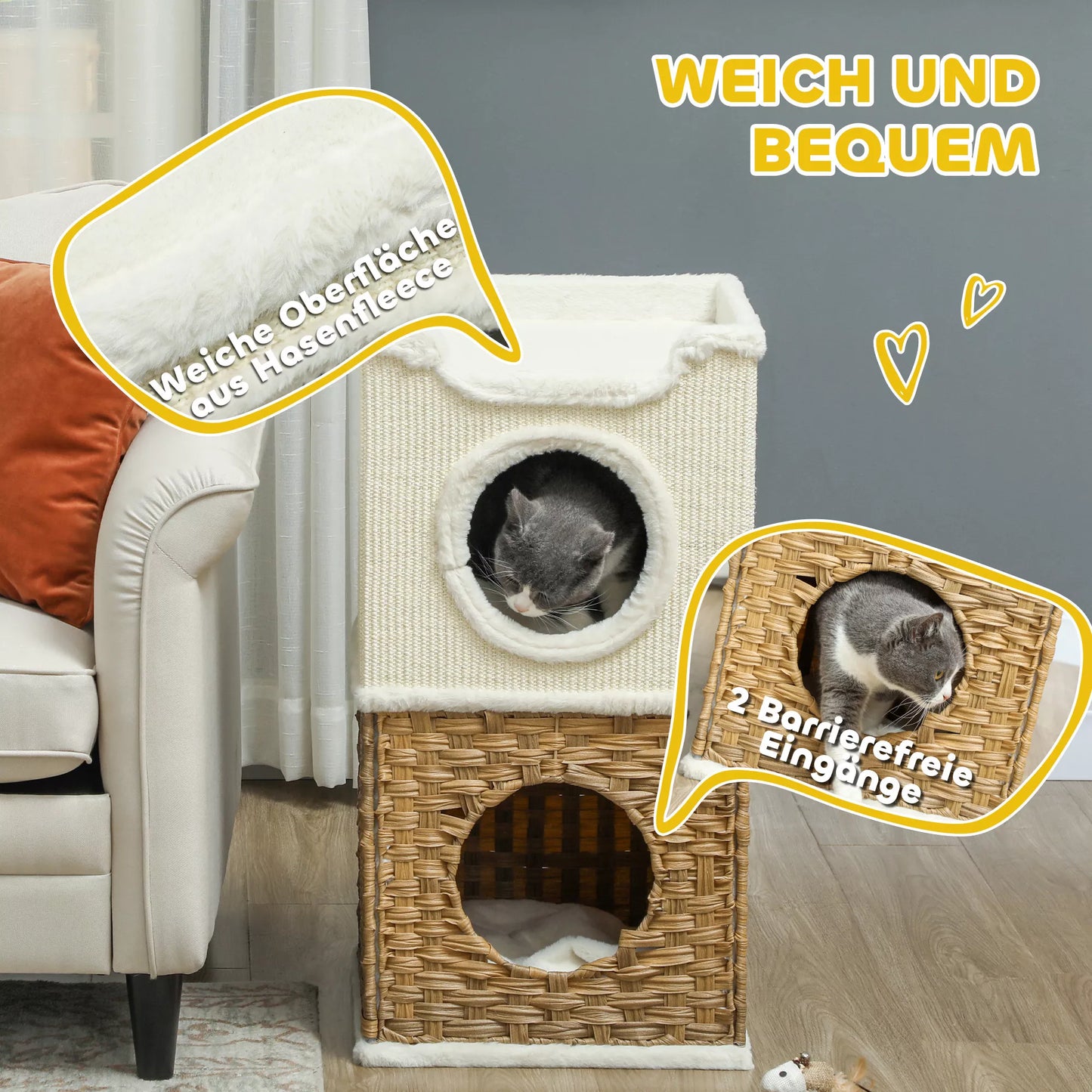 75,5 cm aukščio draskyklė-bokštelis su trimis pakopomis, pliušiniu kraštu, pagalvėle, katės guoliu, vidutinio dydžio katėms, kreminės baltos spalvos