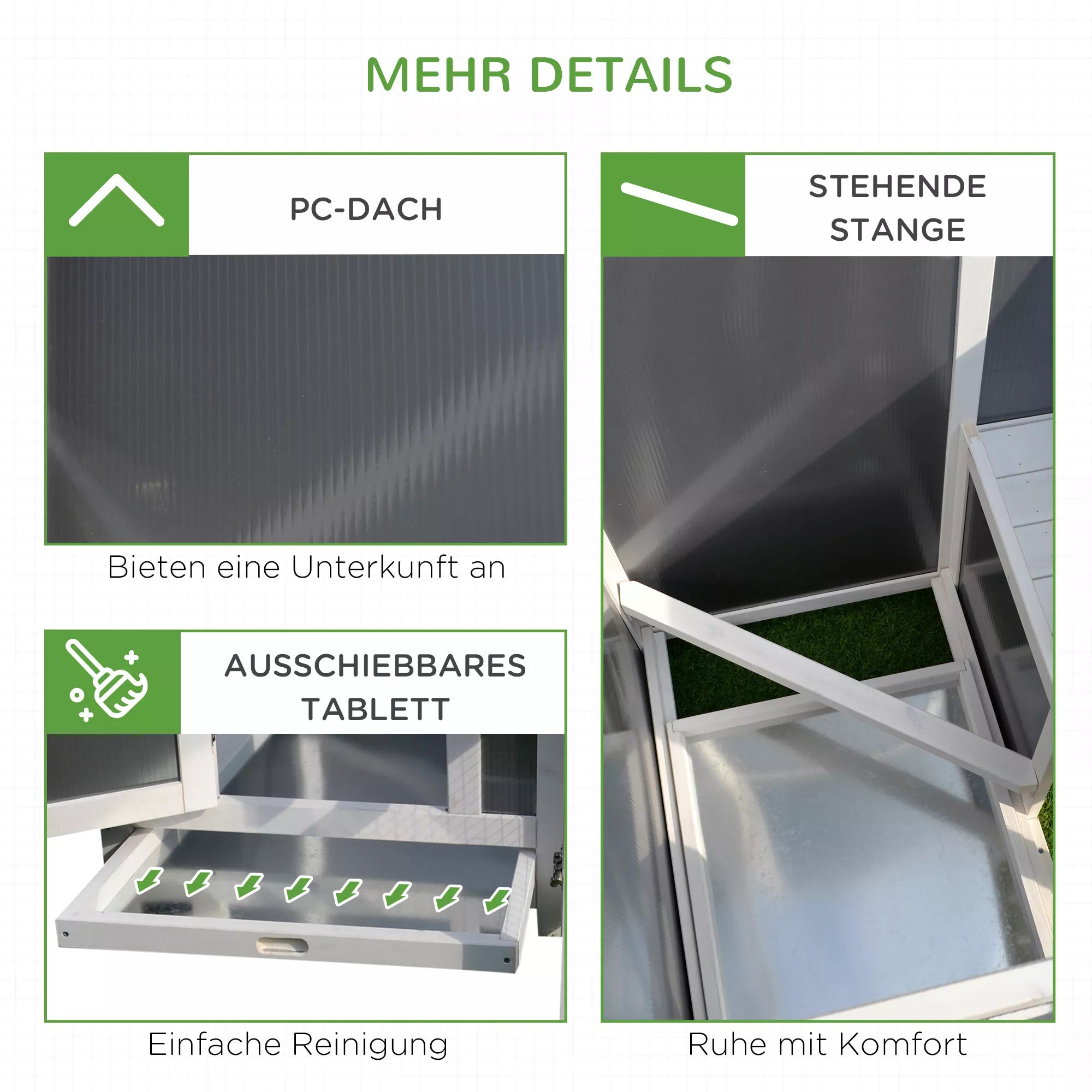 Vistu kūts, piemērota 1-2 vistām, ar ligzdu, olu kaste ar 2 nodalījumiem, priede, pelēka+balta, 160 x 75 x 80 cm