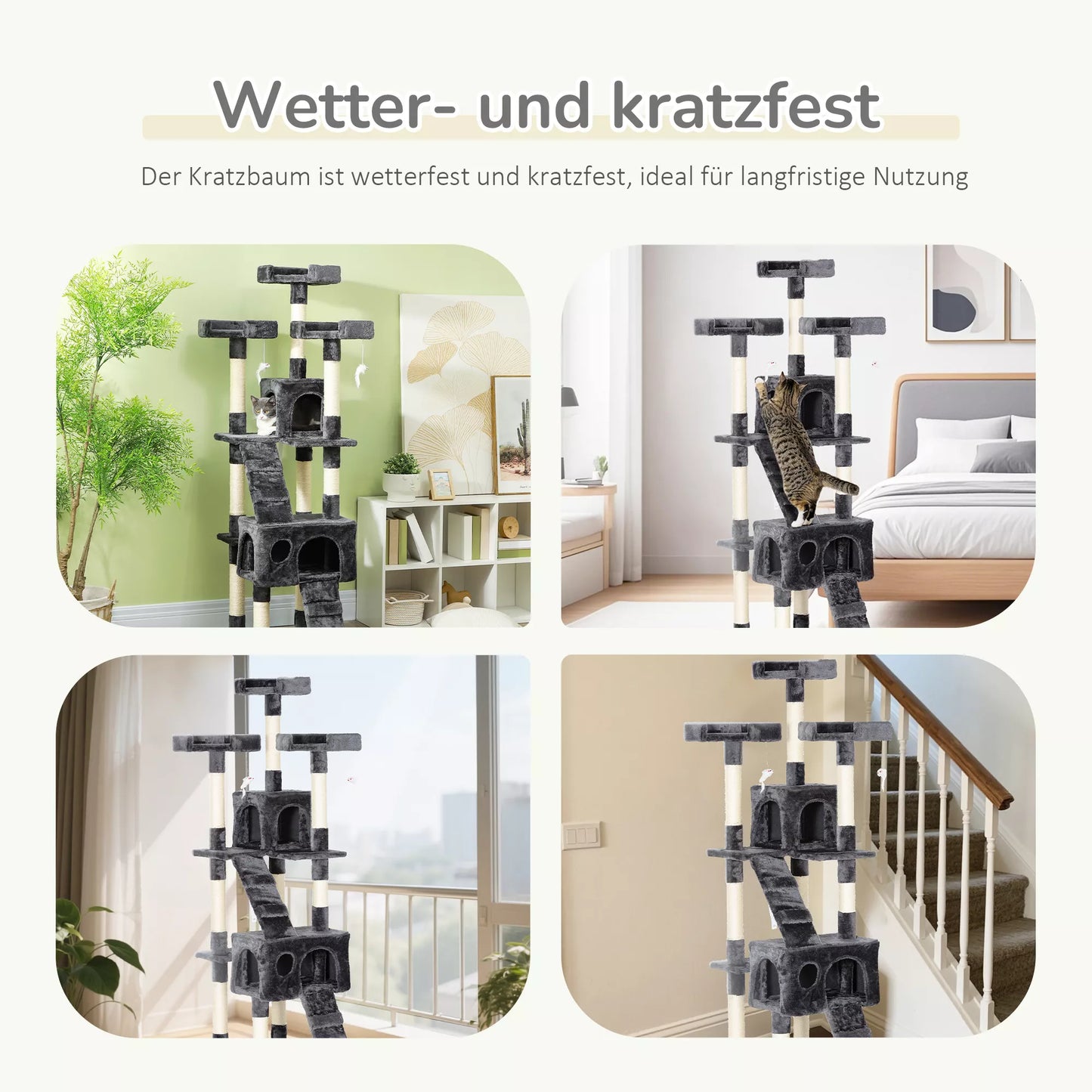XXL kačių draskymo medis su kačių guoliu ir kopetėlėmis, daugiaaukštis daugiafunkcis pramogų centras katėms, pliušas, pilka, 49 x 49 x 173 cm