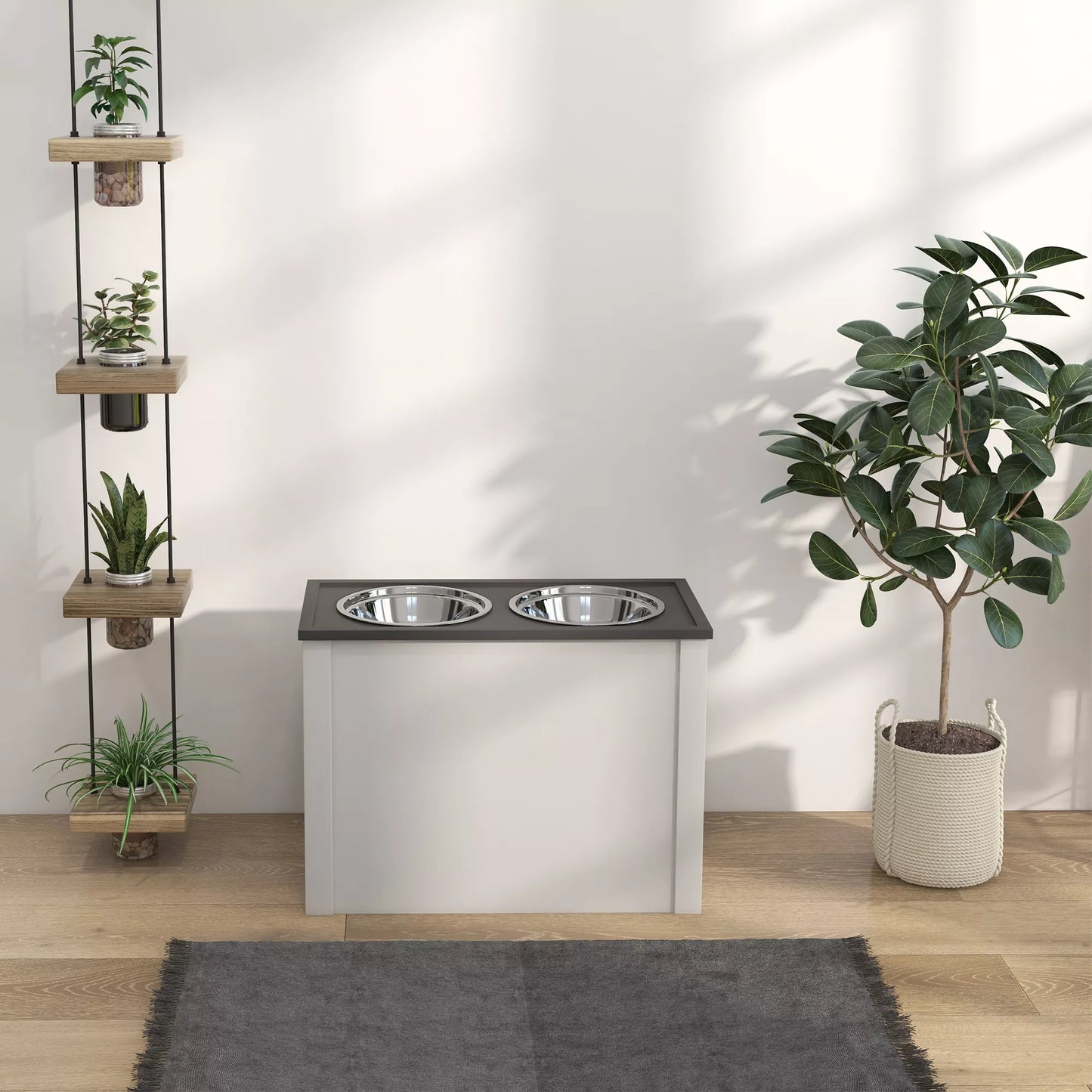 Maitinimo stotelė su paaukštintais maisto indais, 1 laikymo vieta, 2 nerūdijančio plieno dubenėliai, 60 x 30 x 42cm, balta + pilka