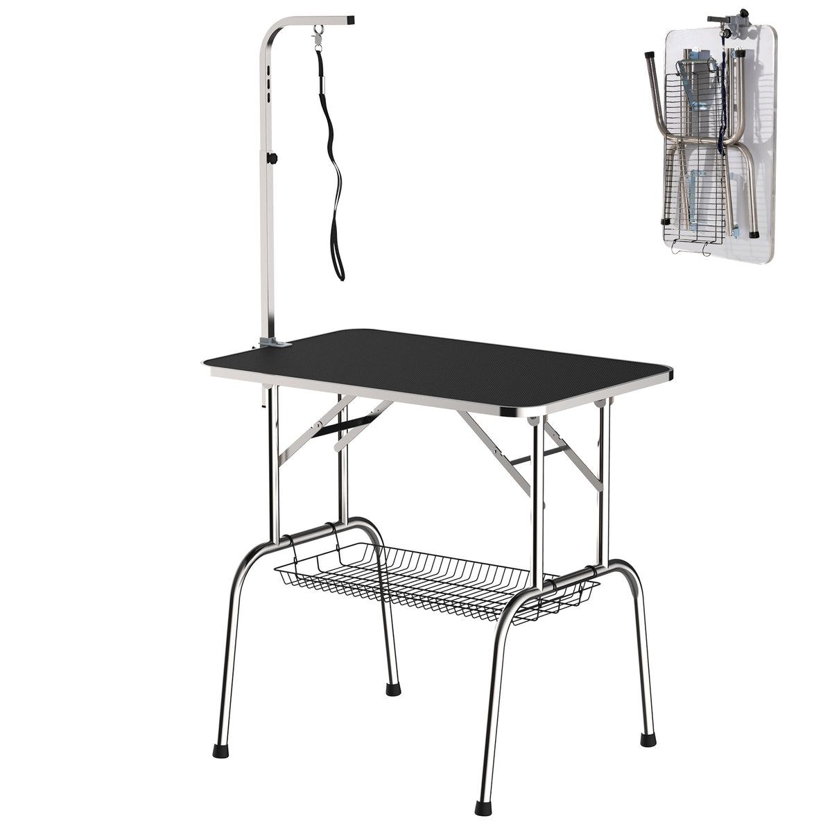 Kirpimo stalas šunims 90x60x75 cm, sulankstomas, su pasukamu laikikliu ir tinkline lentynėle, iki 150 kg, juodas