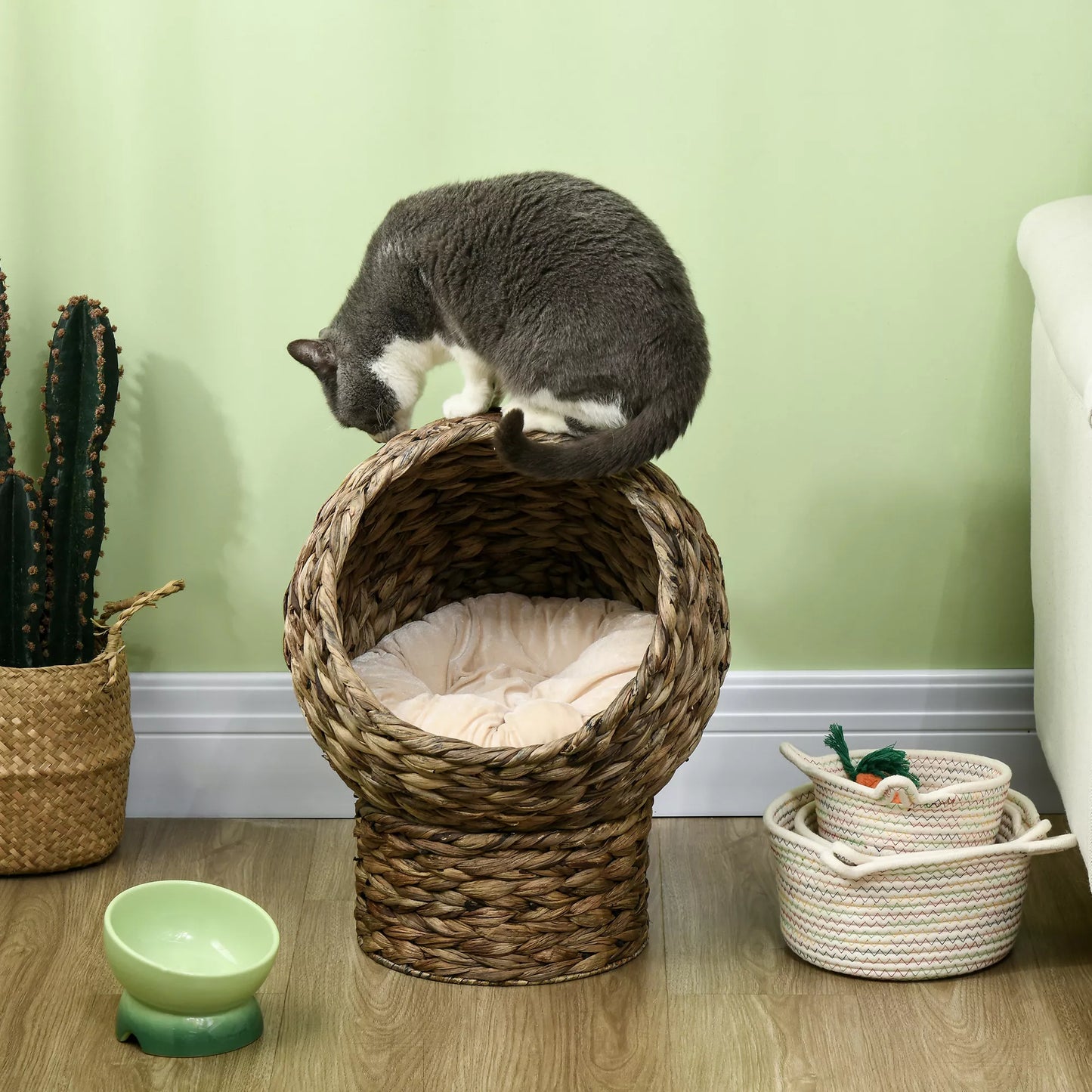 Rattan cat basket, cave, house, bed with cushion, pet bed, water hyacinth, coffee, 40 x 37 x 51 cm