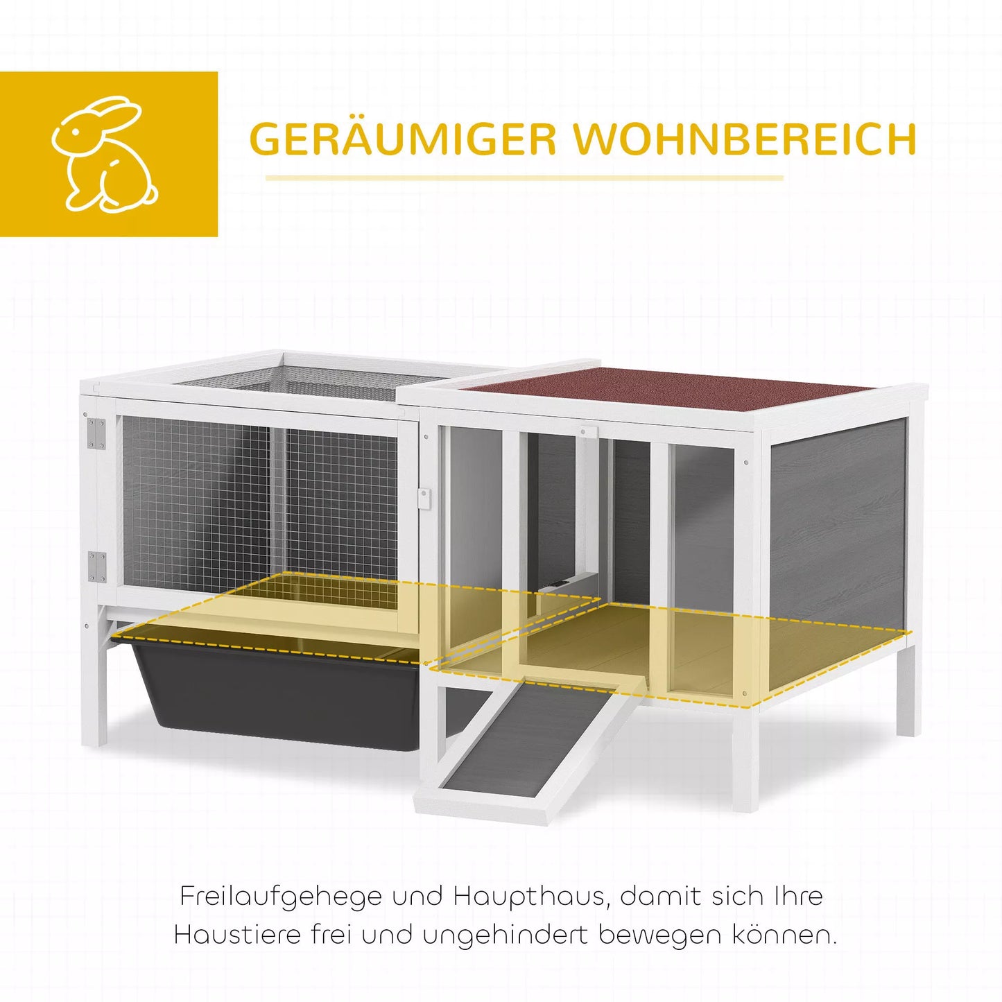 Hasenstall Medinis triušių narvas su laisvo judėjimo aptvaru, rampa, 3 įėjimais, ištraukiamu dubeniu, 105 x 57,5 x 51,5 cm Pilkos spalvos