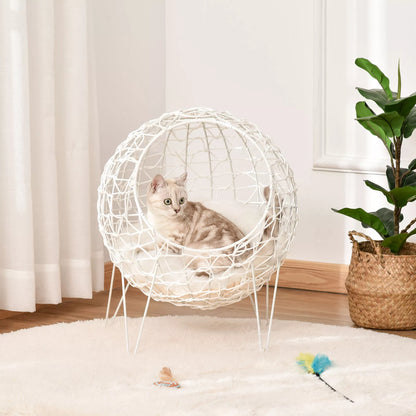 PawHut rotanga kaķu gulta/māja ar spilvenu, paaugstināts dizains, mājdzīvnieku gulta, krēmbalta, Ø45 x 57A cm