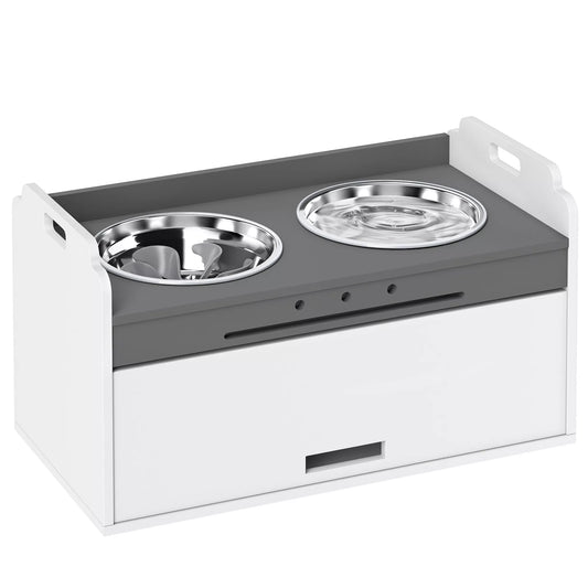 Paaukštintas šunų dubenėlių stovas su daiktų laikymo spintele, šėrykla su dviem dubenėliais, medis ir nerūdijantis plienas, 60 x 30 x 35,5 cm, balta