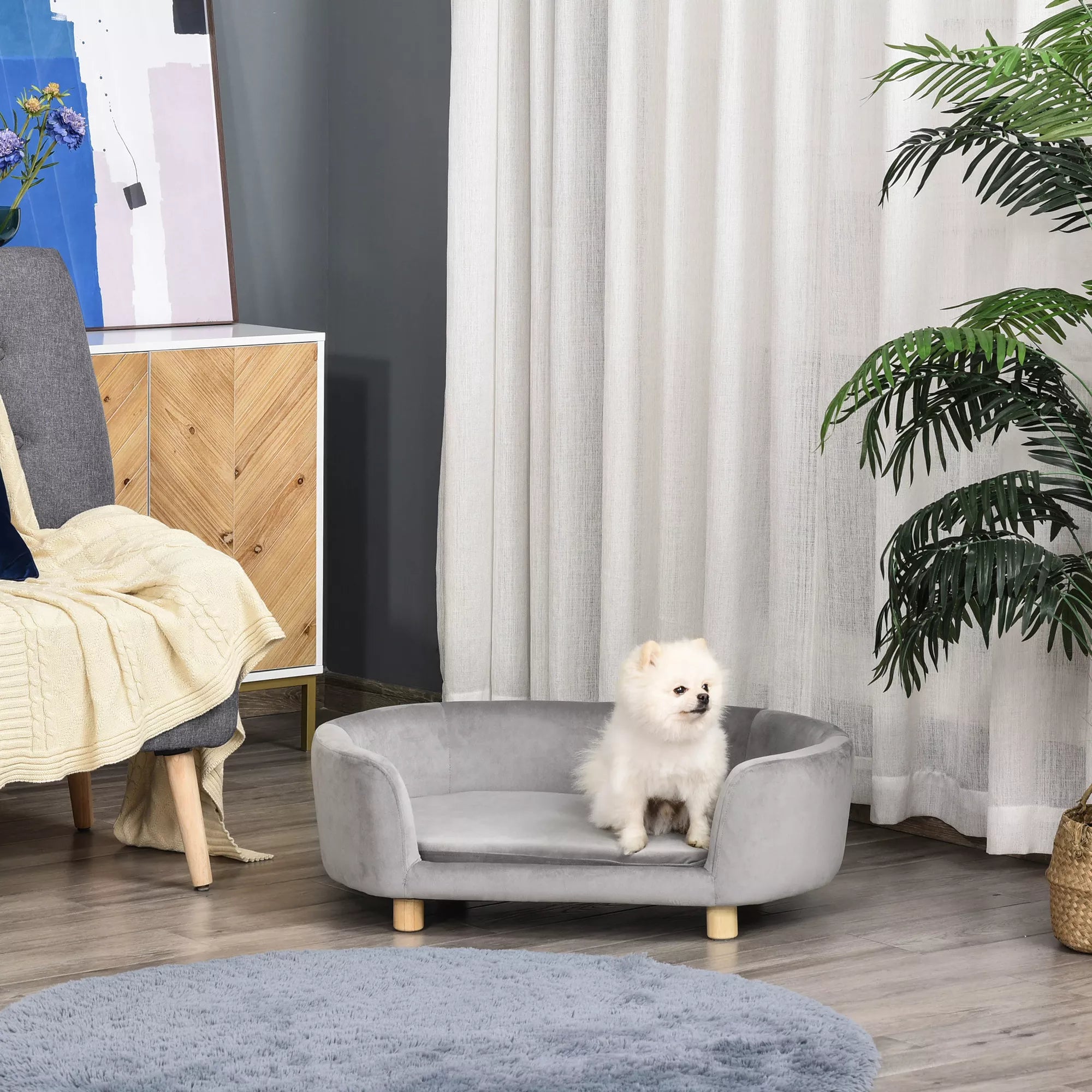 Sofa augintiniams, šunų sofa, šunų lova su olandišku aksomu, putplasčiu ir beržo kojelėmis katėms ir šunims, 86 x 55 x 33 cm, šviesiai pilka