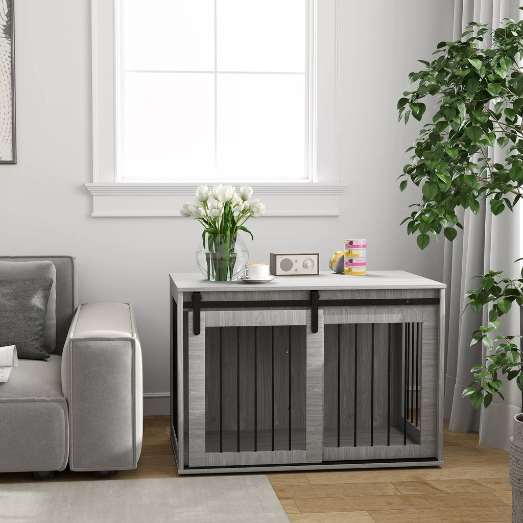 Suņu transportēšanas kaste ar bīdāmām durvīm, ventilāciju, izgatavota no skaidu plātnes un tērauda, ​​98 x 58 x 61 cm, pelēka