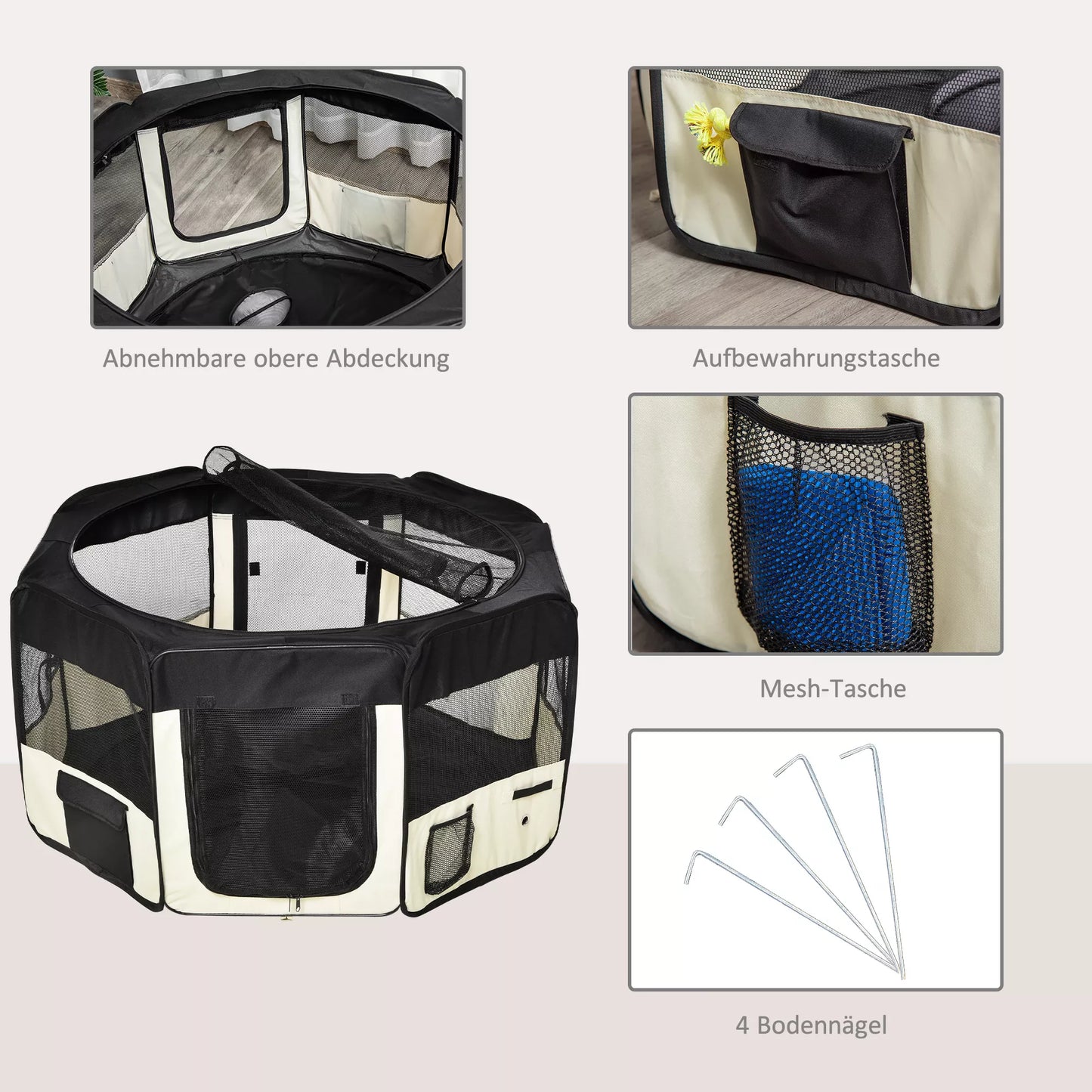 Šuniukų aptvaras, sulankstomas šuniukų aptvaras su tinkliniu dangčiu, aptvaras šunims, katėms, smulkiesiems gyvūnams, šunų aptvaras iš kvėpuojančio tinklo, skirtas butui, Ø120 x 58H cm  Juoda+kreminė balta