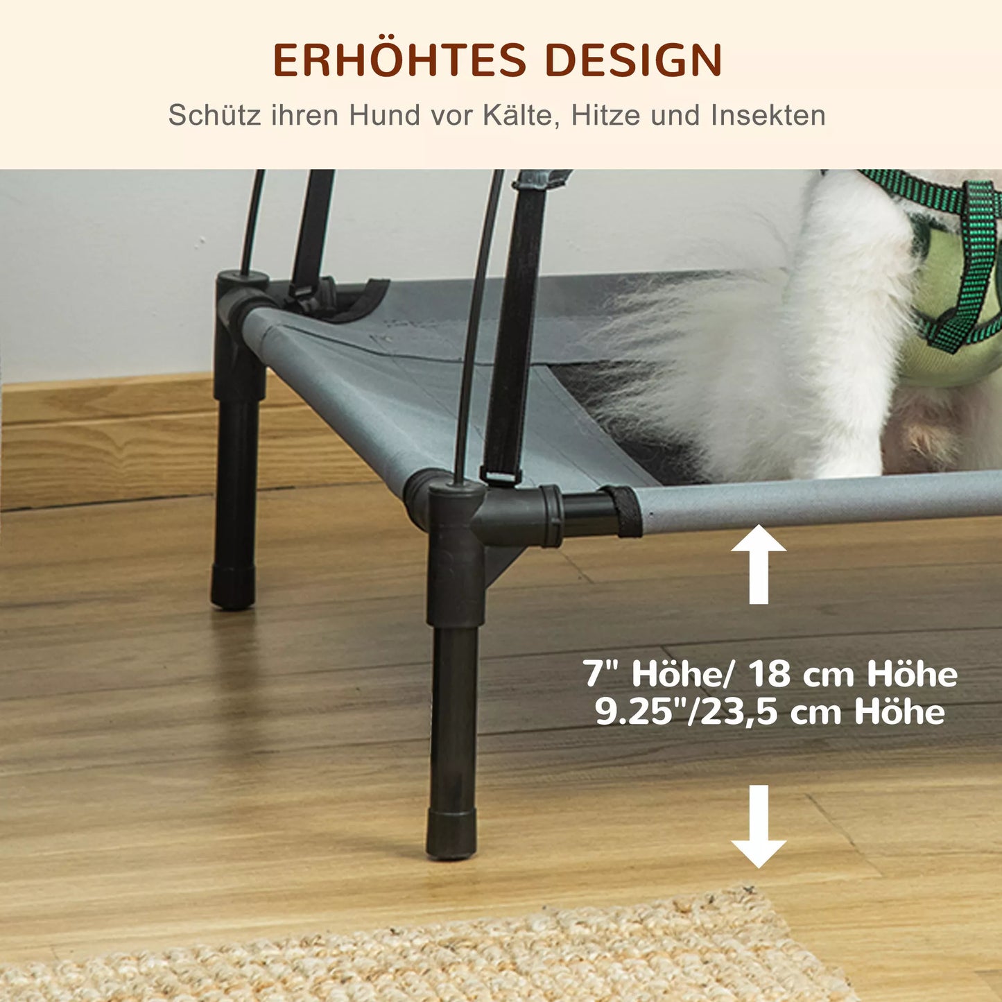 Paaukštinta šunų lova su baldakimu, naminių gyvūnėlių lova, lauko šunų gultas su stogeliu, kvėpuojantis, taftos audinys, skirta stovyklavimui, pilka, 61 x 46 x 62 cm