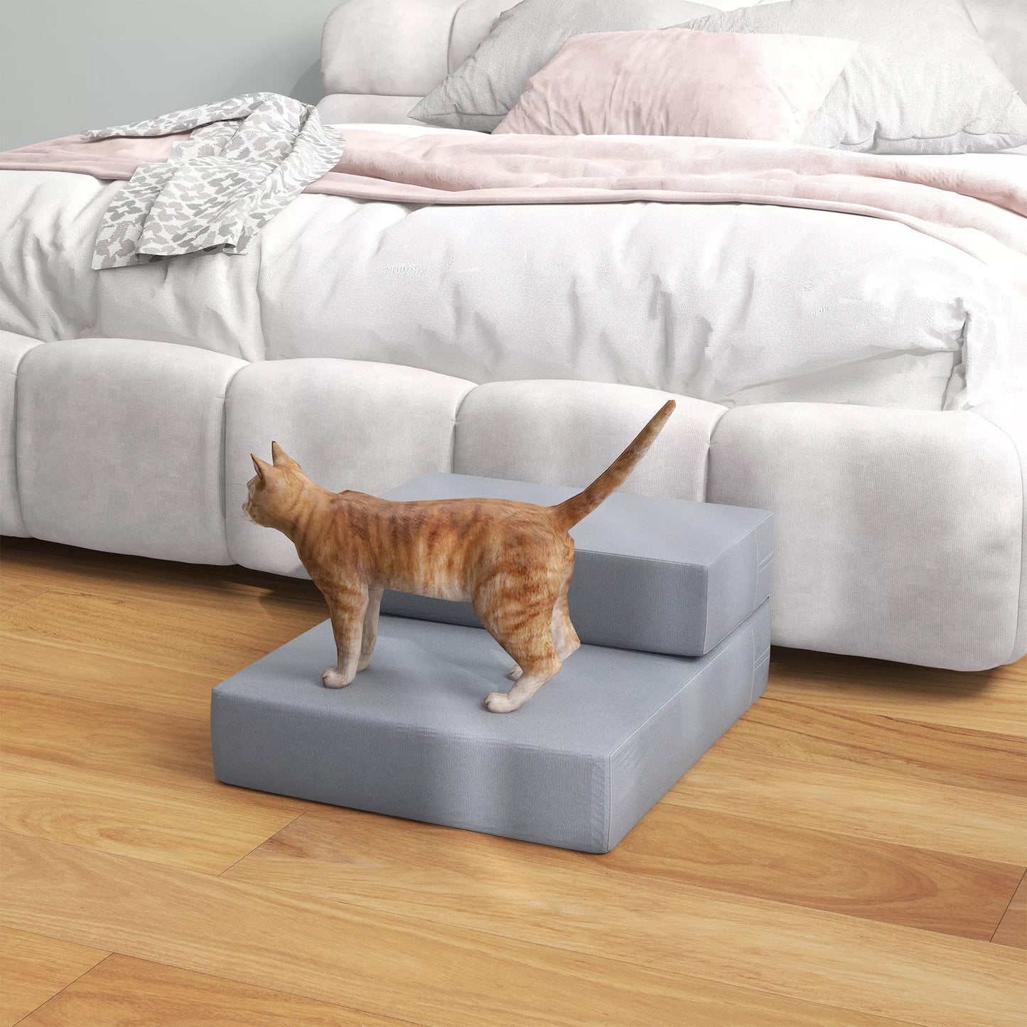 Gyvūnų laipteliai 2 pakopų, sulankstomi, iki 7 kg. Kilimas/pagrindas katėms ir šunims, pilkos spalvos, L45 x P39 x A20 cm