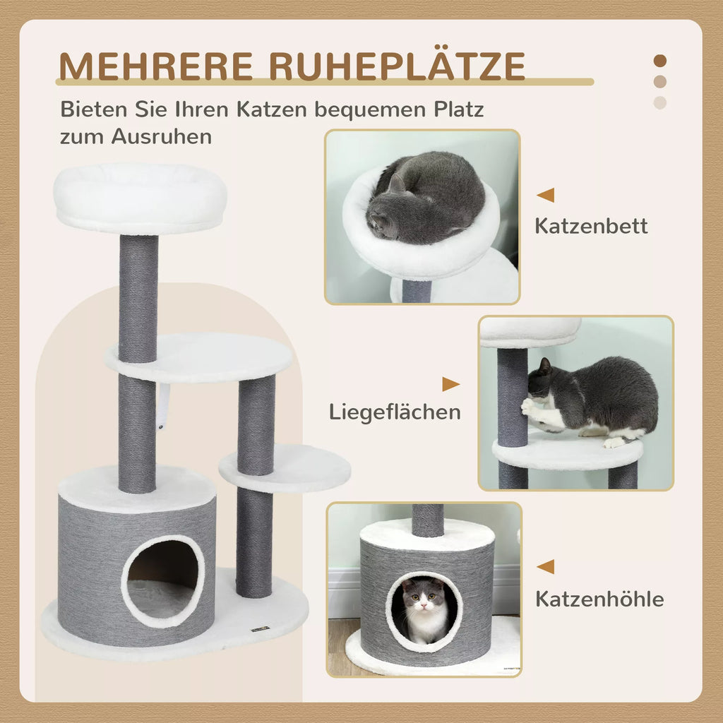 Kaķu māja ar 1 kaķu alu, 1 kaķu gultu, 2 platformām, filca virvju stabiem, balta + pelēka