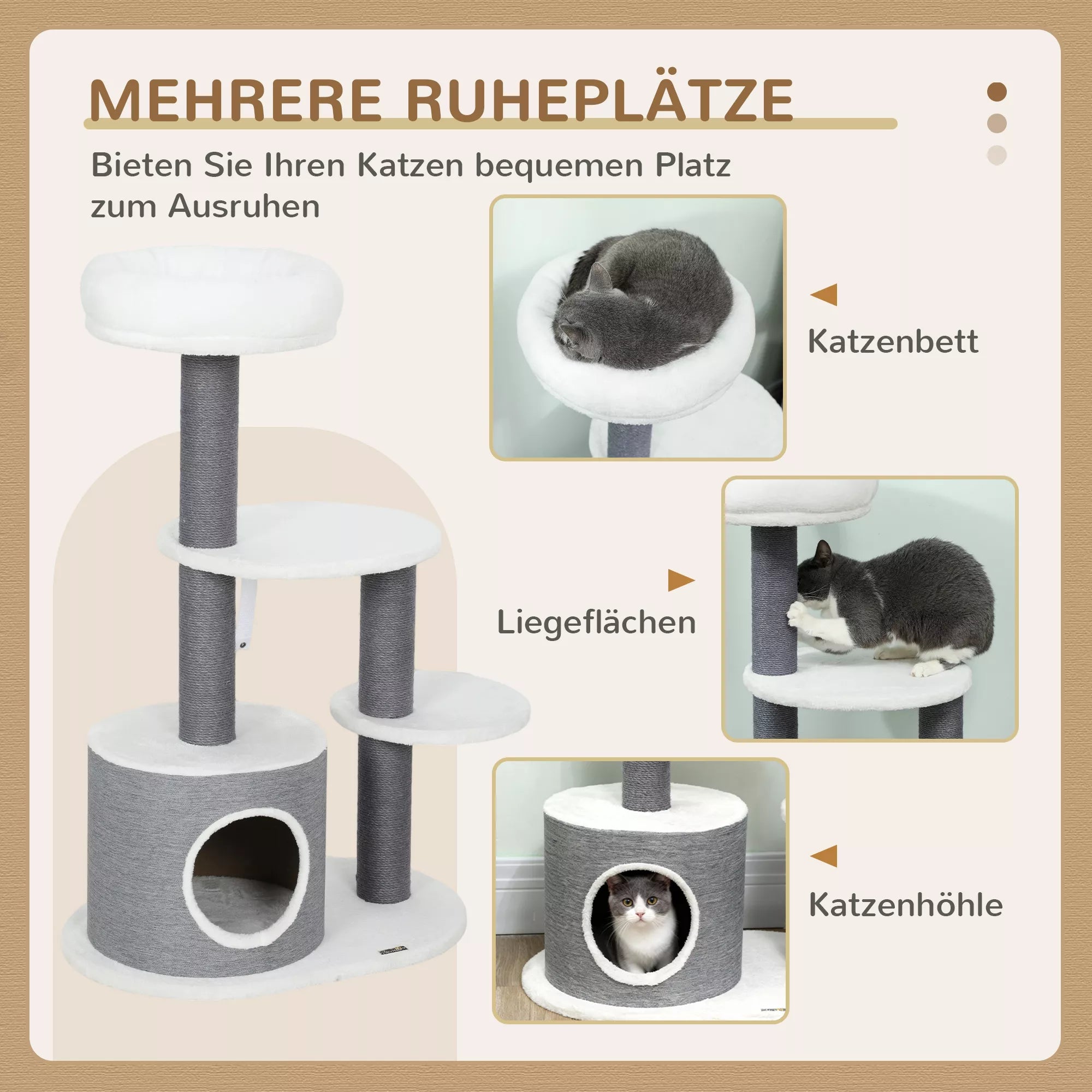 Kaķu māja ar 1 kaķu alu, 1 kaķu gultu, 2 platformām, filca virvju stabiem, balta + pelēka