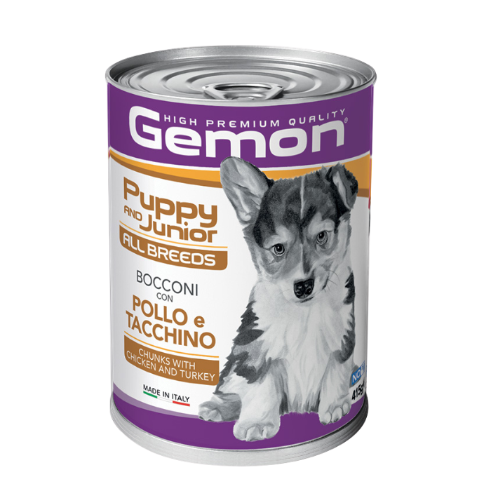 Gemon all breeds puppy konservuotas pašaras su vištienos ir kalakutienos gabaliukais 415g naujas pakuotės dizainas