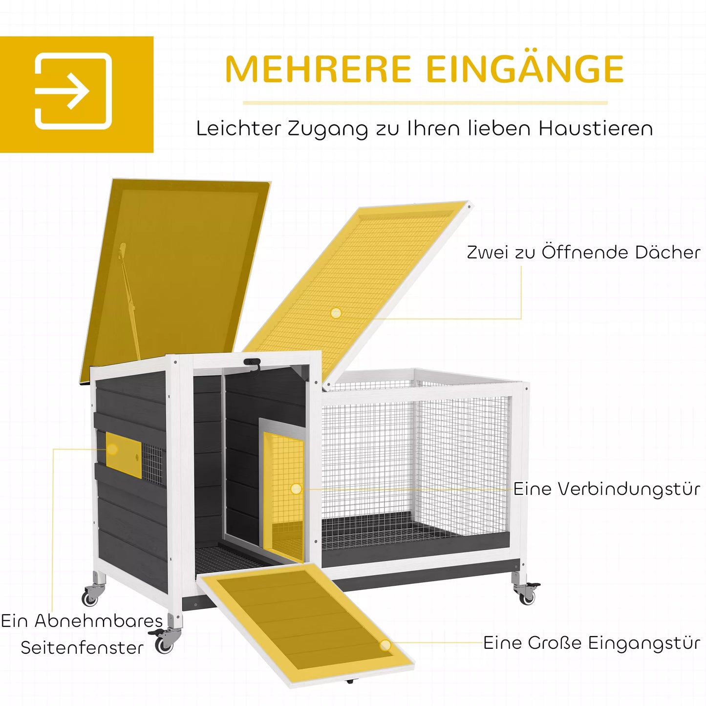 Medinė triušidė su lauko aptvaru, ratukais ir atlenkiamu stogu, skirta naudoti viduje ir lauke, 92 x 52 x 67 cm, tamsiai pilka