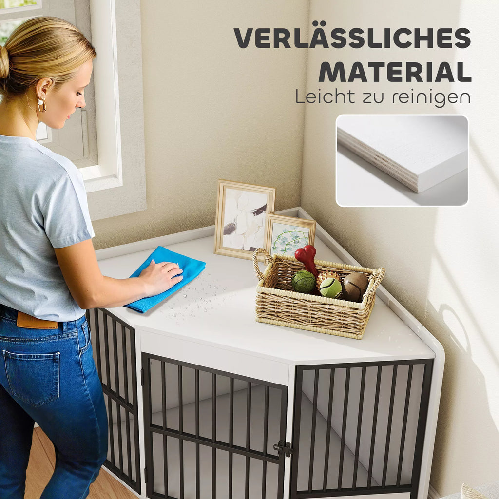 Suņu būris, uzglabāšanas vieta maziem un vidēja lieluma suņiem, mājdzīvnieku uzglabāšanas kaste, barošanas durvis, MDF, metāls, balta