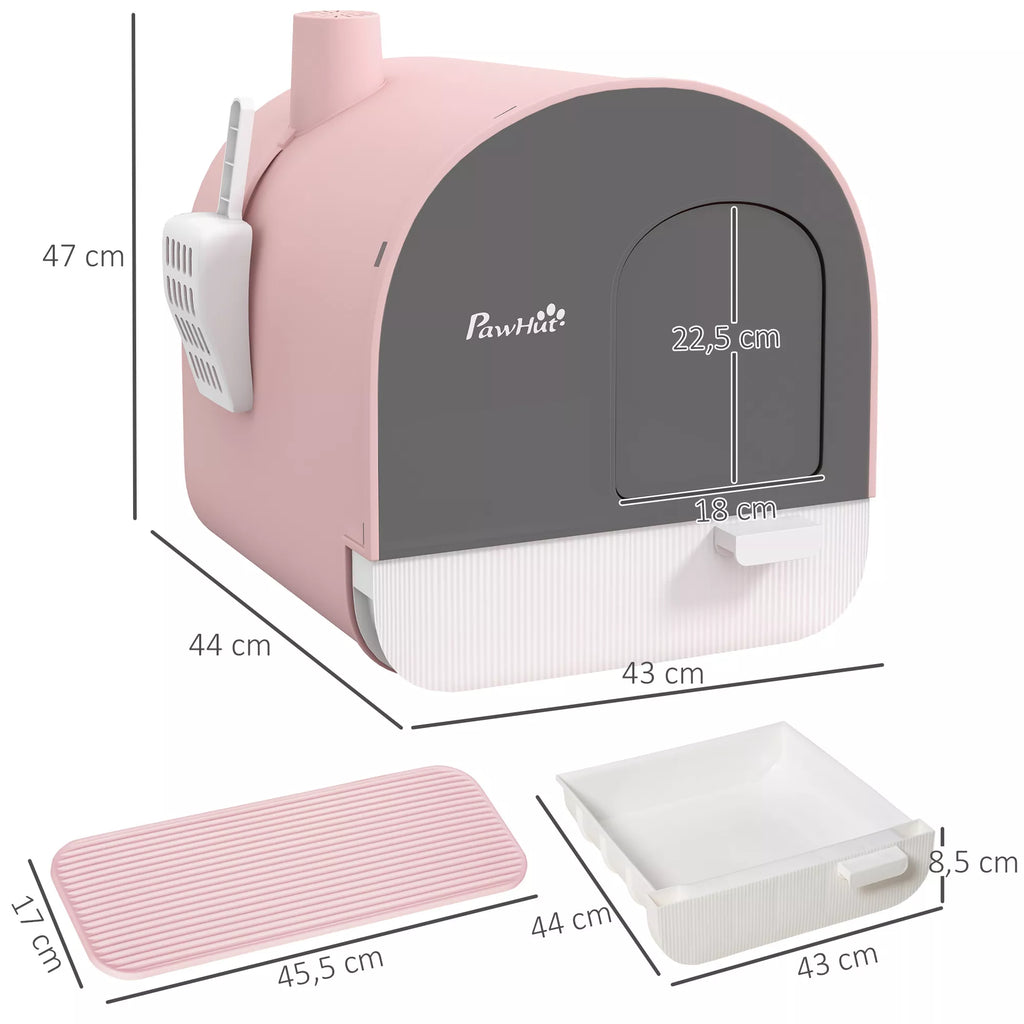 Katės tualetas su dangčiu, kastuvėliu, nešvarumų surinkimo kilimėliu, plastikinis, rožinis/juodas