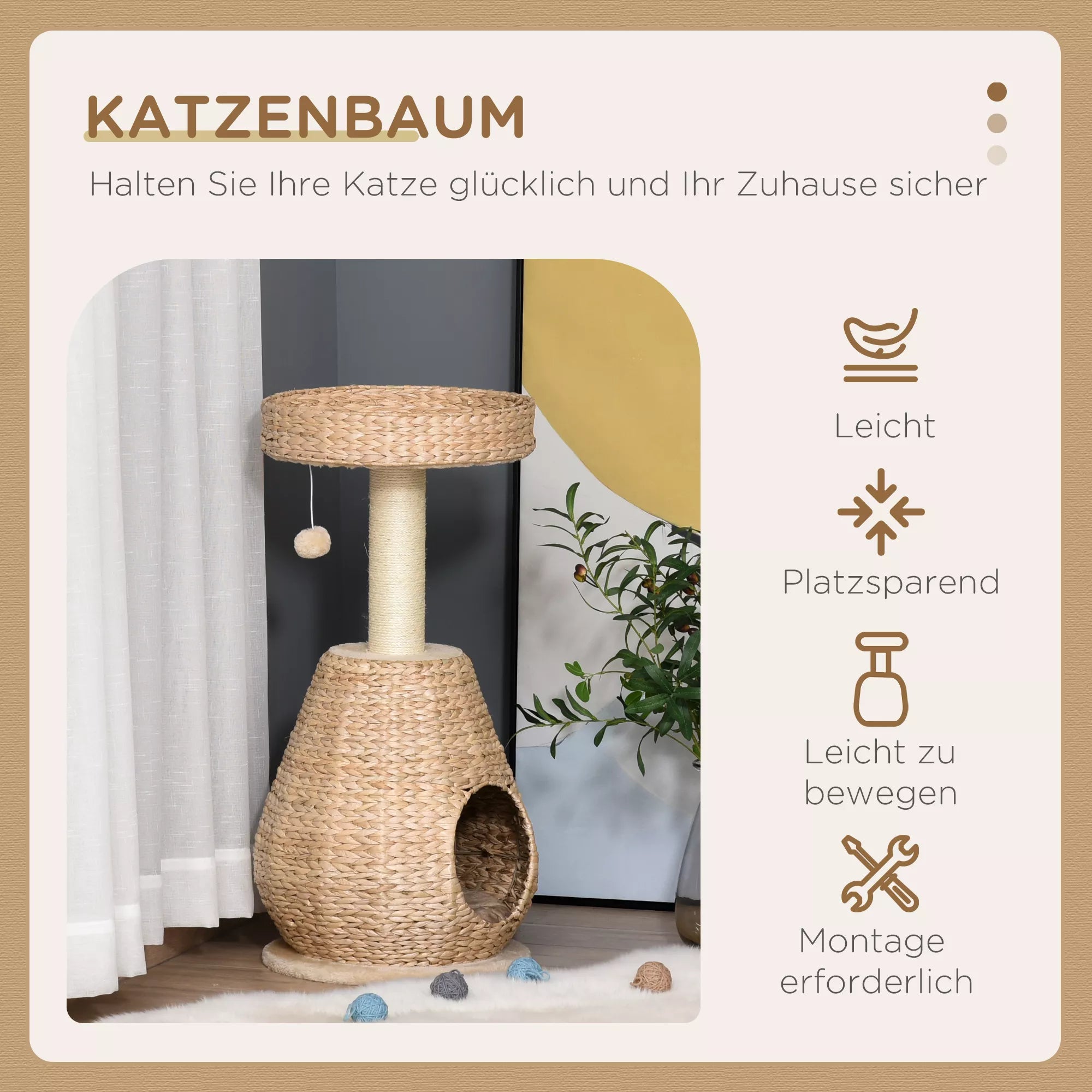 Kaķu koks, kaķu skrāpēšanas stabs, mēbele ar kaķu alu, bumbiņu rotaļlieta, sizala audums, mīksts plīšs, augstums 82,5 cm, dzeltens