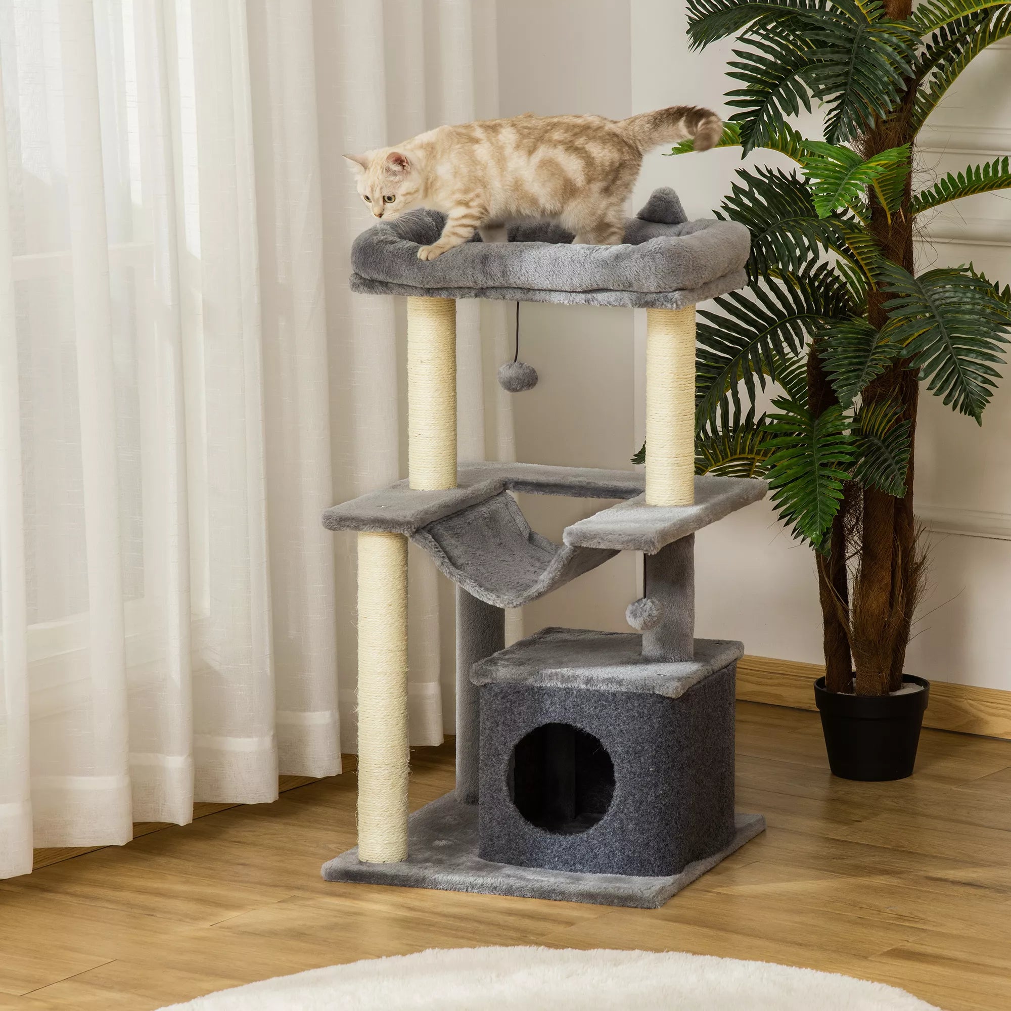 Kaķu koks 90 cm, ar šūpuļtīklu, rotaļu koks, kaķu gulta, platformas, kāpšanas koks, kaķu skrāpējamais kaste, aktivitāšu skrāpējamais kaste, plīša, sizala, pelēks