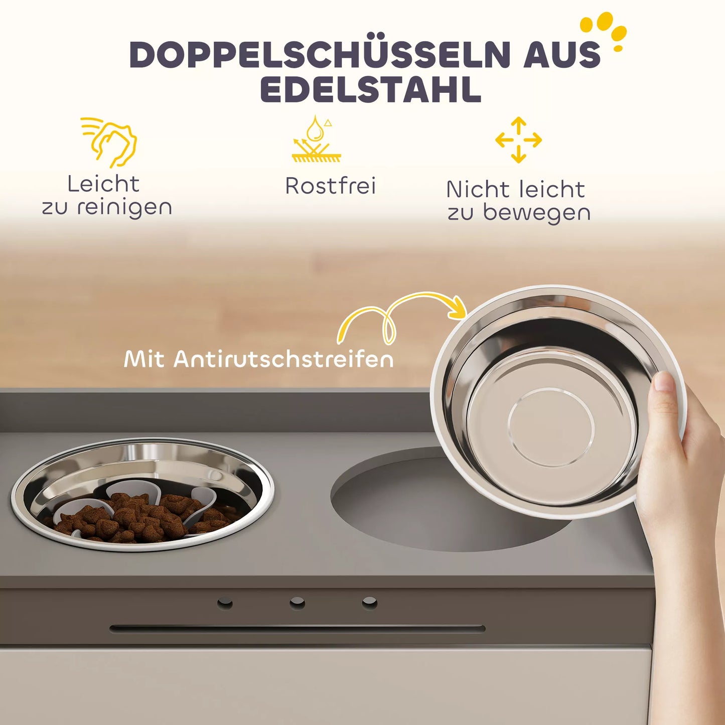 Paaukštintas šunų dubenėlių stovas su daiktų laikymo spintele, šėrykla su dviem dubenėliais, medis ir nerūdijantis plienas, 60 x 30 x 35,5 cm, balta