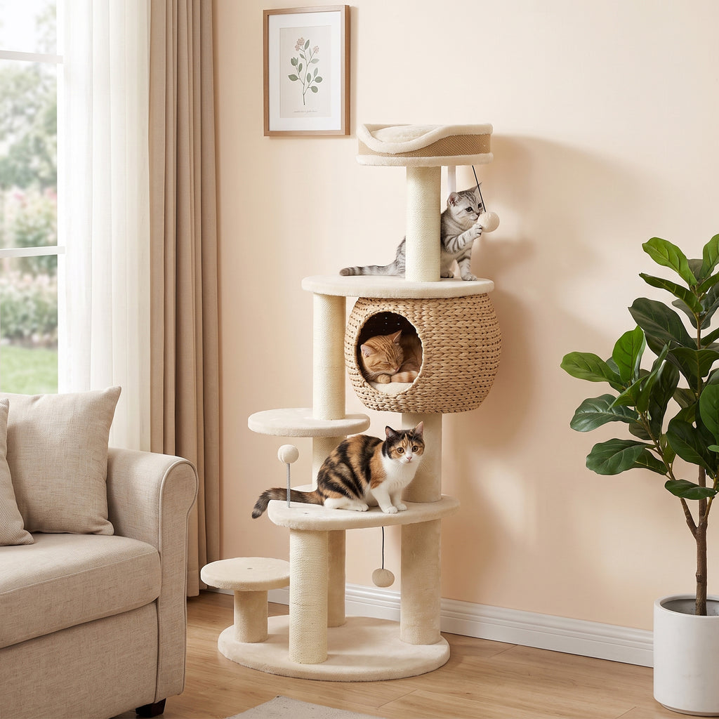 Draskyklė 132 cm su pintu švendrių nameliu, guoliu, 3 stulpais ir 3 kamuoliukais, 1–2 katėms iki 6 kg, smėlio spalvos