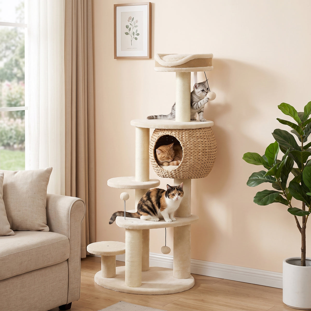 Draskyklė 132 cm su pintu švendrių nameliu, guoliu, 3 stulpais ir 3 kamuoliukais, 1–2 katėms iki 6 kg, smėlio spalvos