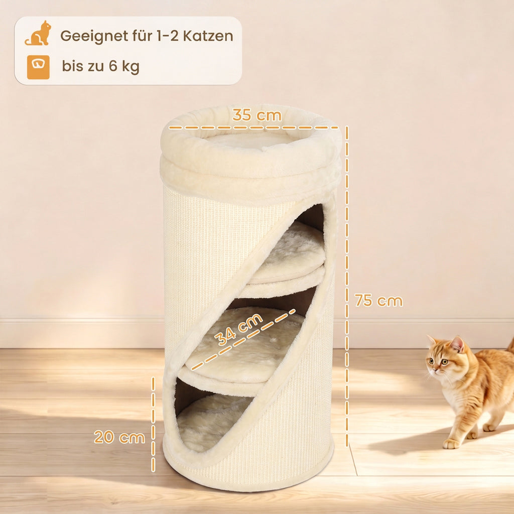 Draskyklė-bokštas 75 cm, Ø35 cm, su 3 nameliais, skalbiamu guoliu ir sizalio danga, 1–2 katėms iki 6 kg, smėlio spalvos