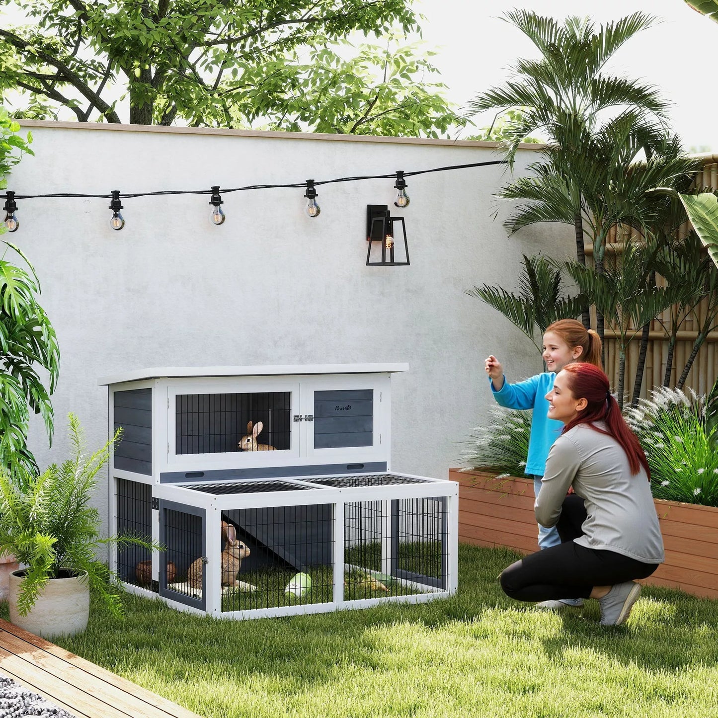 Triušidė 2 aukštų su atlenkiamu stogu, triušių namelis iš medžio masyvo, atsparus žiemai, dviejų aukštų namelis 122x95x93,5 cm Pilka