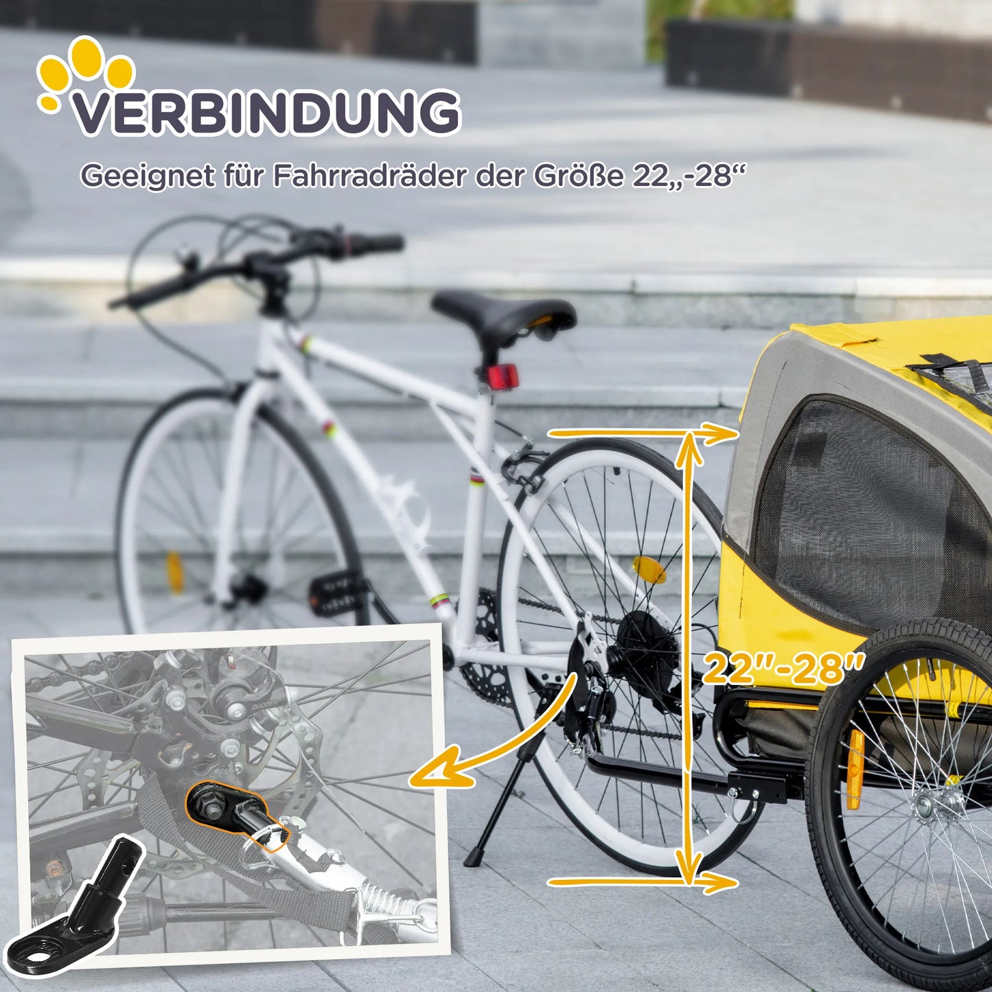 Suņu piekabe līdz 20 kg, sieta logs, salokāms pārsegs, universāls savienojums, tērauda rāmis, dzeltena 140 x 71 x 83 cm