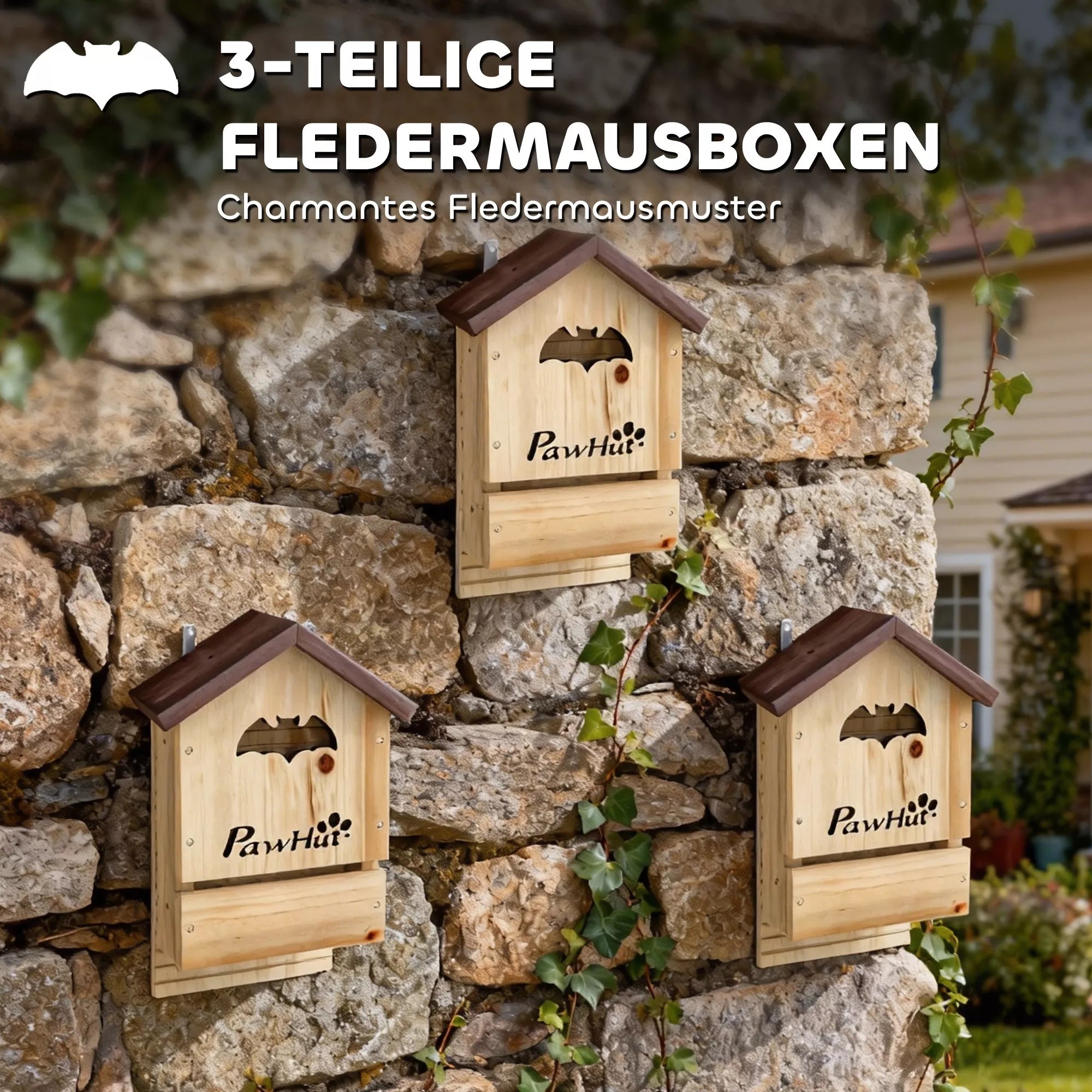3 vnt. rąstinių medinių namelių šikšnosparniams rinkinys Šikšnosparnių namelis, skirtas pakabinti sode, 21,5 x 11,5 x 34 cm
