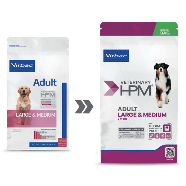 Virbac Veterinary HPM Adult Dog Large & Medium visavertis pašaras didelių ir vidutinių veislių šunims 16 kg naujas pakuotės dizainas
