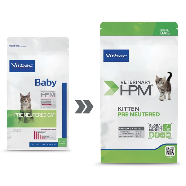 Virbac Veterinary HPM Baby Pre Neutered Cat sausas pašaras kačiukams iki sterilizacijos keičiasi pakuotės išvaizda