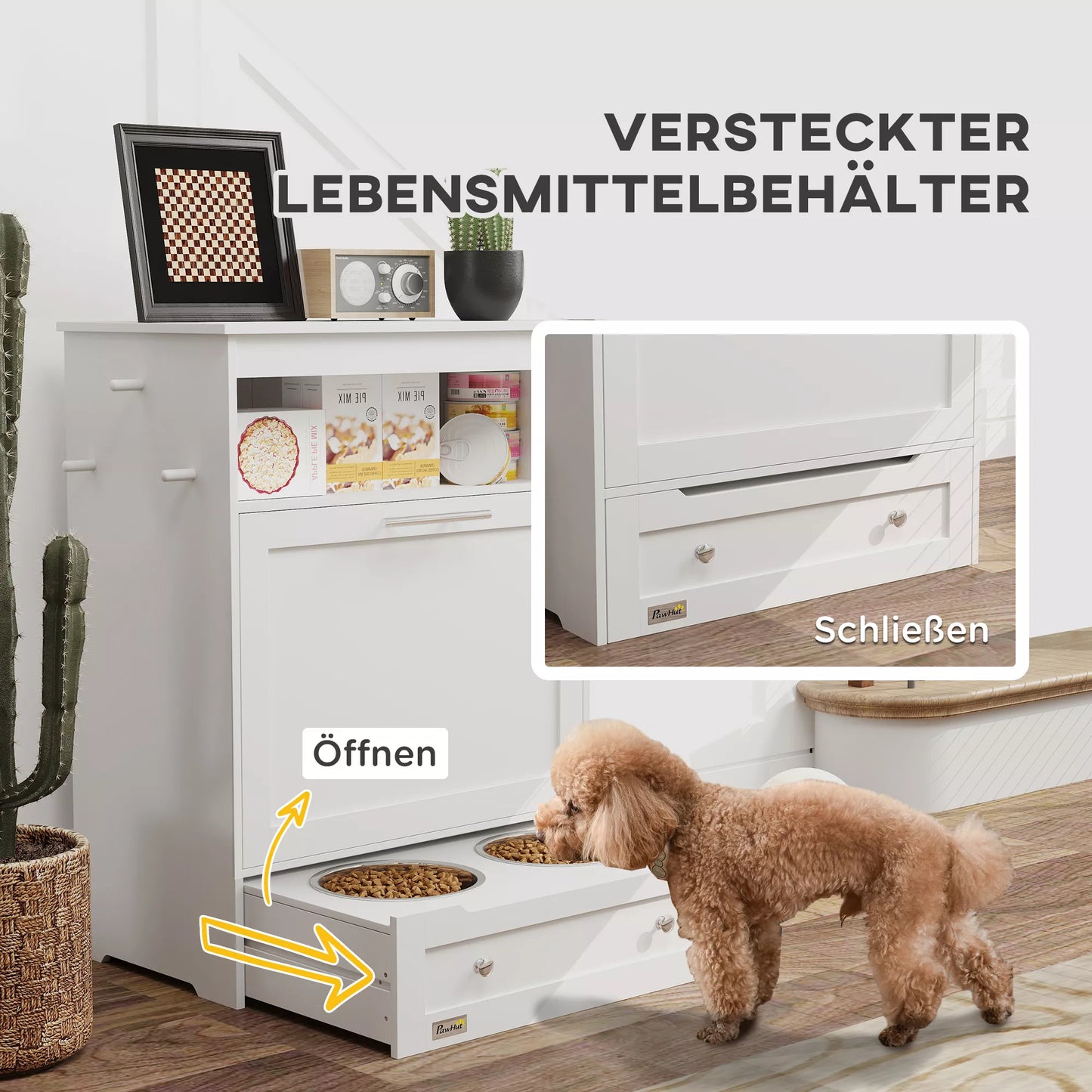 Maitinimo stotelė augintiniams, laikymo spintelė naminių gyvūnėlių reikmenims, su dubenėliais, kabliukais pavadėliams, MDF, balta.