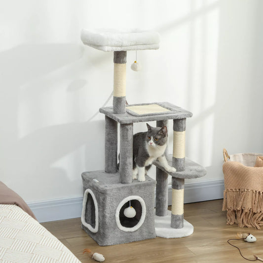 107 cm kačių medis, kačių bokštas su urveliu, 2 pliušiniai kamuoliukai, sisaliniai stiebai, didelė platforma, 55x40x107 cm, pilkos spalvos