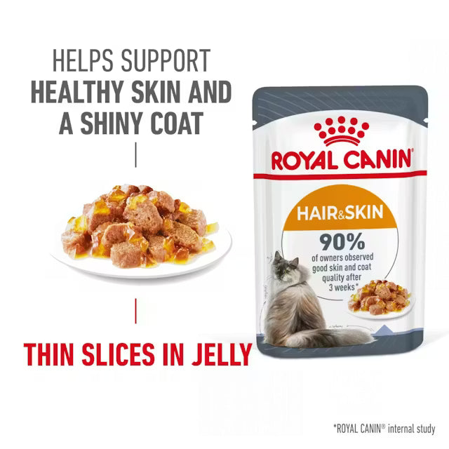 Hair & Skin Care drėgnas pašaras katėms Royal Canin (ploni griežinėliai želėje) spindinčiam kailiui