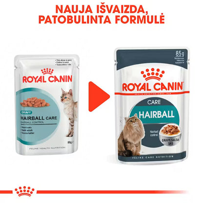 Hairball Care drėgnas pašaras katėms Royal Canin (ploni griežinėliai padaže) naujas įpakavimo dizainas