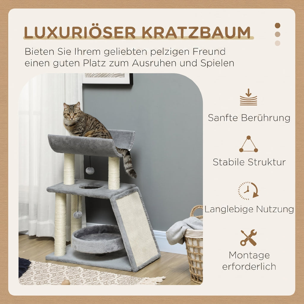 Draskyklė 76 cm su gultu, U formos platforma, sizalio kilimėliu ir žaislais, katėms iki 5 kg, šviesiai pilka