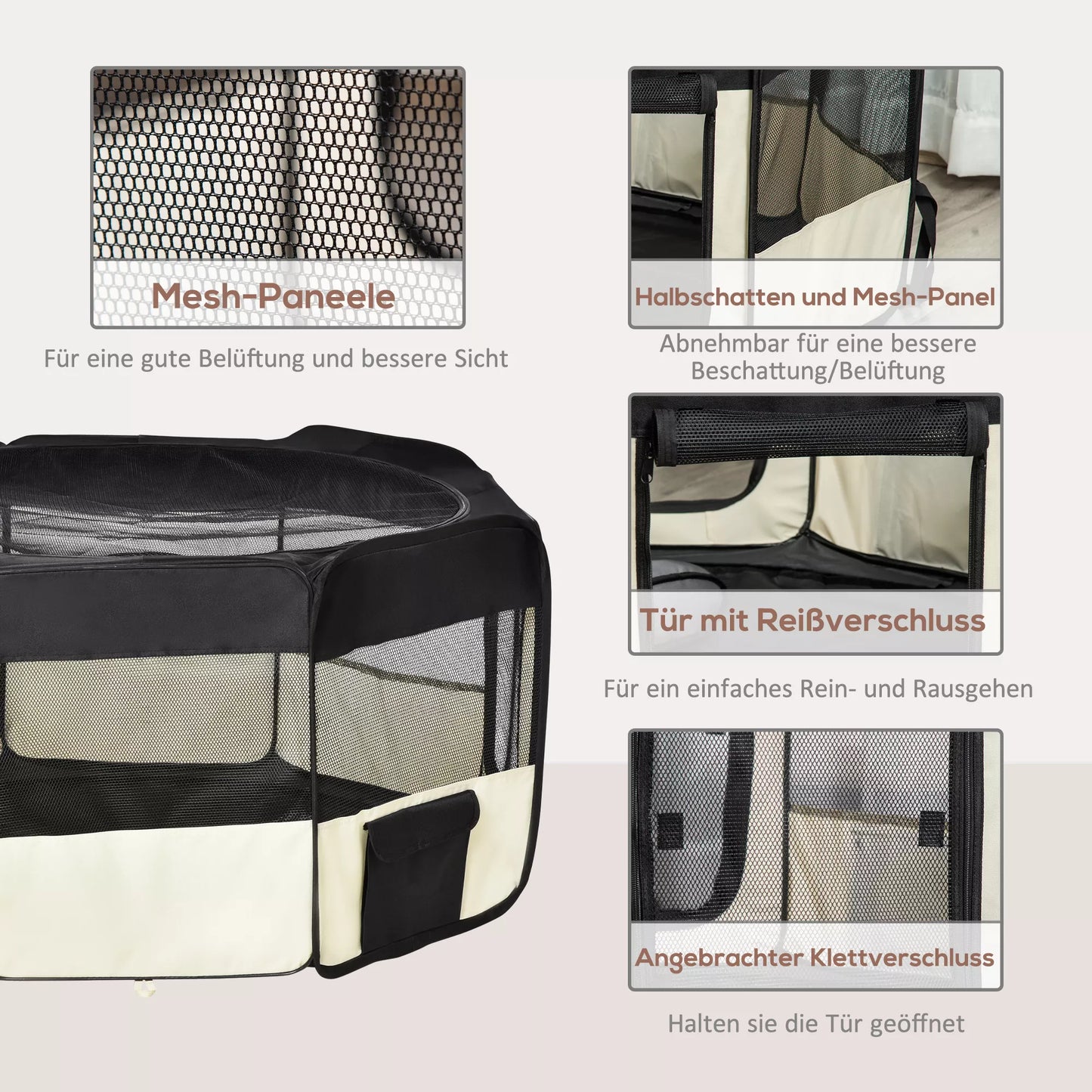 Šuniukų aptvaras, sulankstomas šuniukų aptvaras su tinkliniu dangčiu, aptvaras šunims, katėms, smulkiesiems gyvūnams, šunų aptvaras iš kvėpuojančio tinklo, skirtas butui, Ø120 x 58H cm  Juoda+kreminė balta