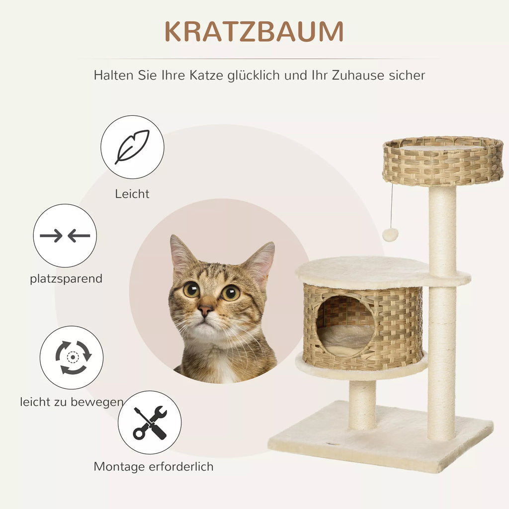 Rotangpalmas kaķu māja 95 cm augsta, 3 līmeņu kaķu māja ar platformu, kaķu gulta, kāpšanas koks ar kaķu slēptuvi, sizala stabi, rotaļlietas, kaķu mēbeles, Sisal Natural+Bēšs