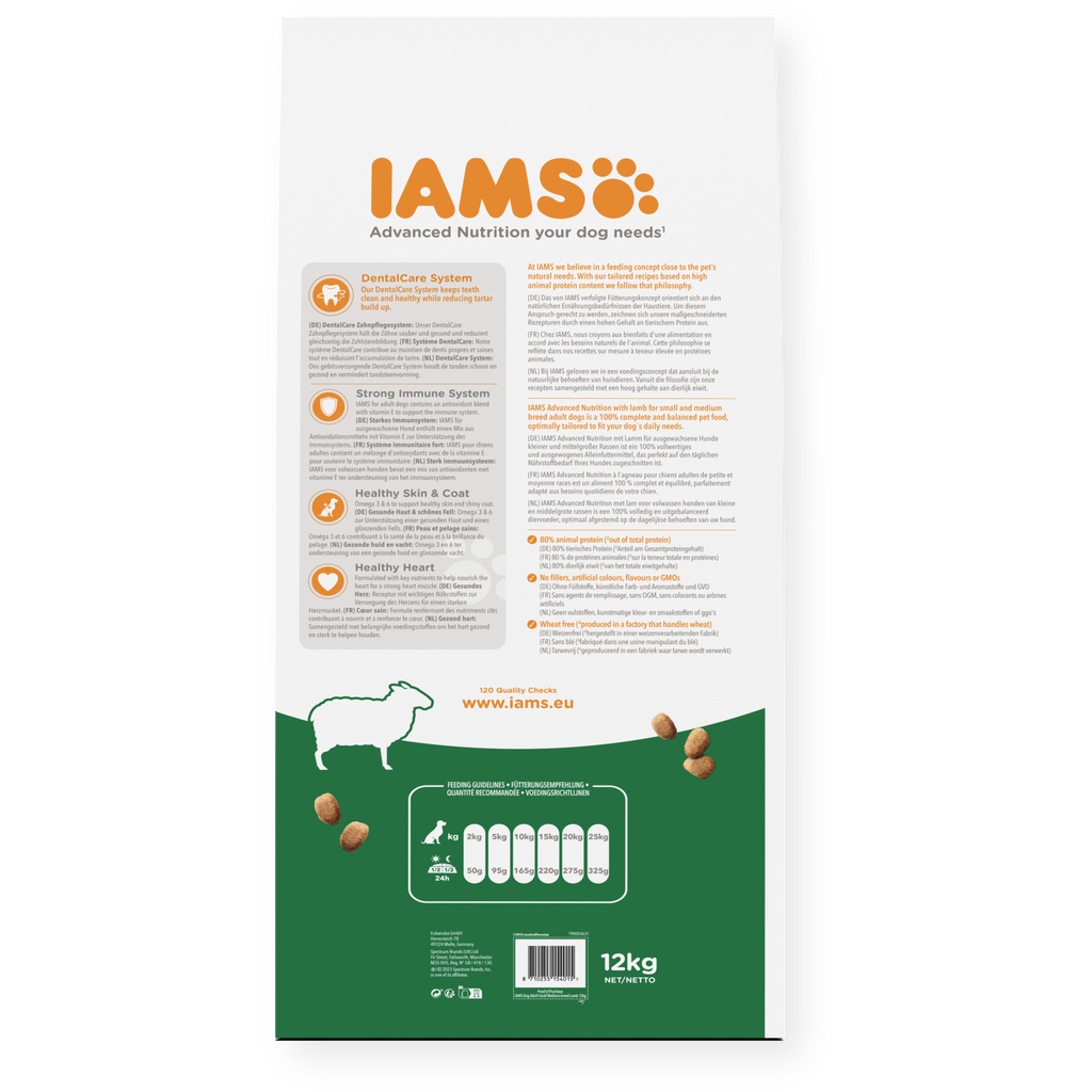 IAMS sausas maistas mažų ir vidutinių veislių šunims su ėriena, S/M, 12 kg šėrimo rekomendacijos