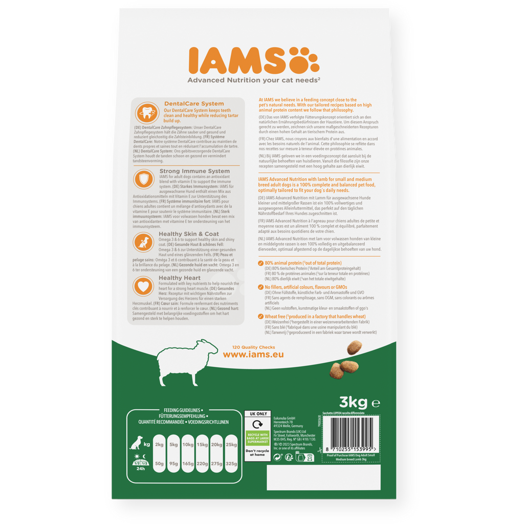 IAMS sausas maistas mažų ir vidutinių veislių šunims su ėriena, S/M, 3 kg šėrimo rekomendacijos