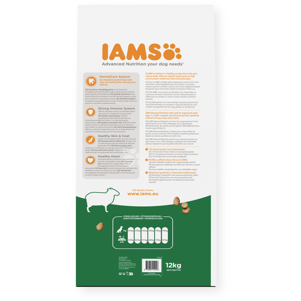IAMS sausas maistas didelių veislių šunims su ėriena, L, 12 kg šėrimo rekomendacijos