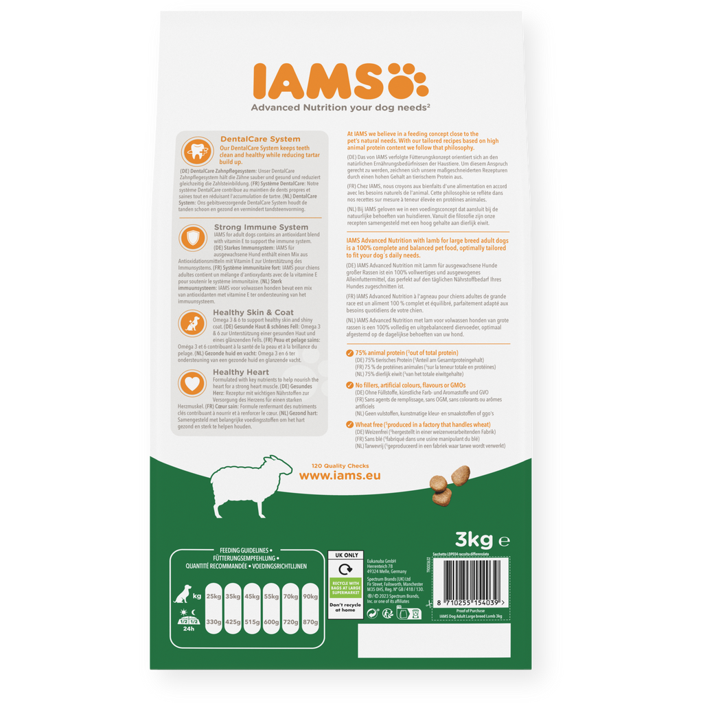 IAMS sausas maistas didelių veislių šunims su ėriena, L, 3 kg šėrimo rekomendacijos
