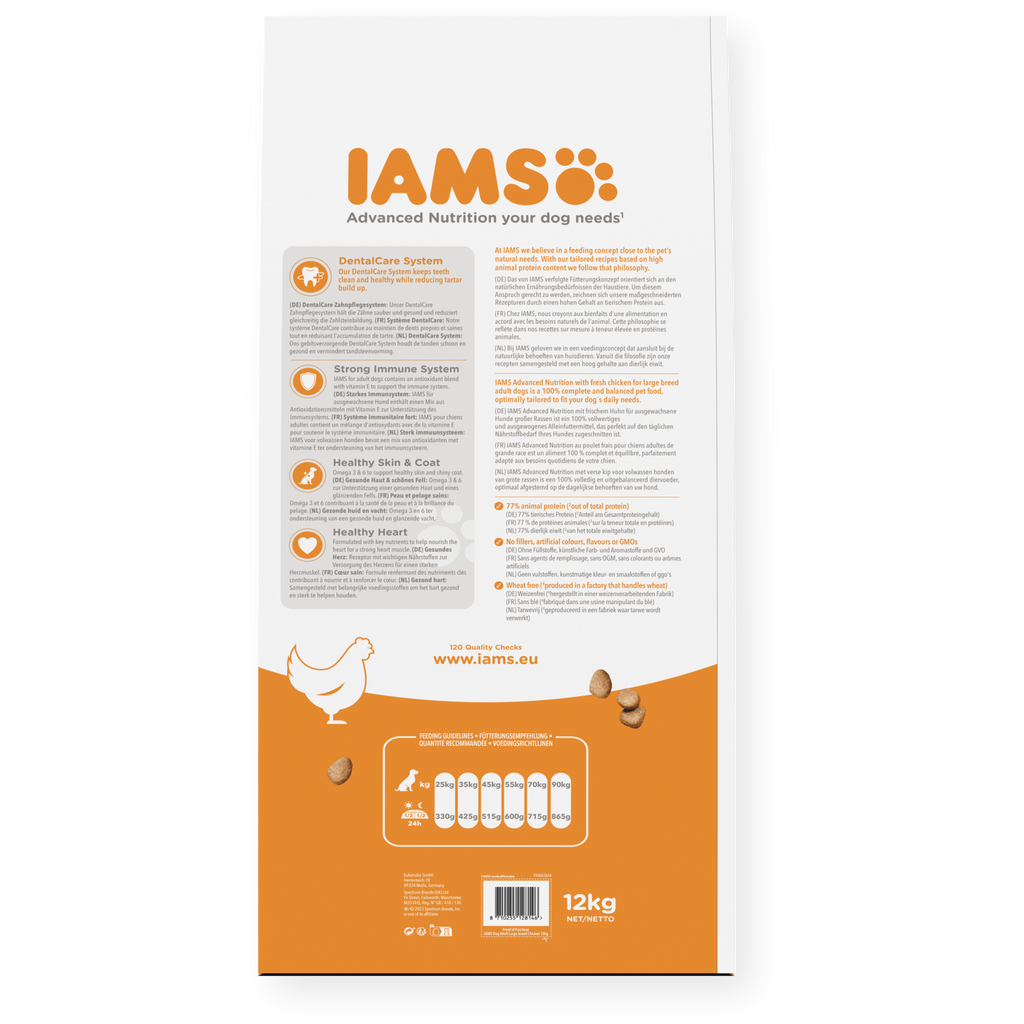 IAMS sausas maistas didelių veislių šunims su vištiena, L, 12 kg šėrimo rekomendacijos