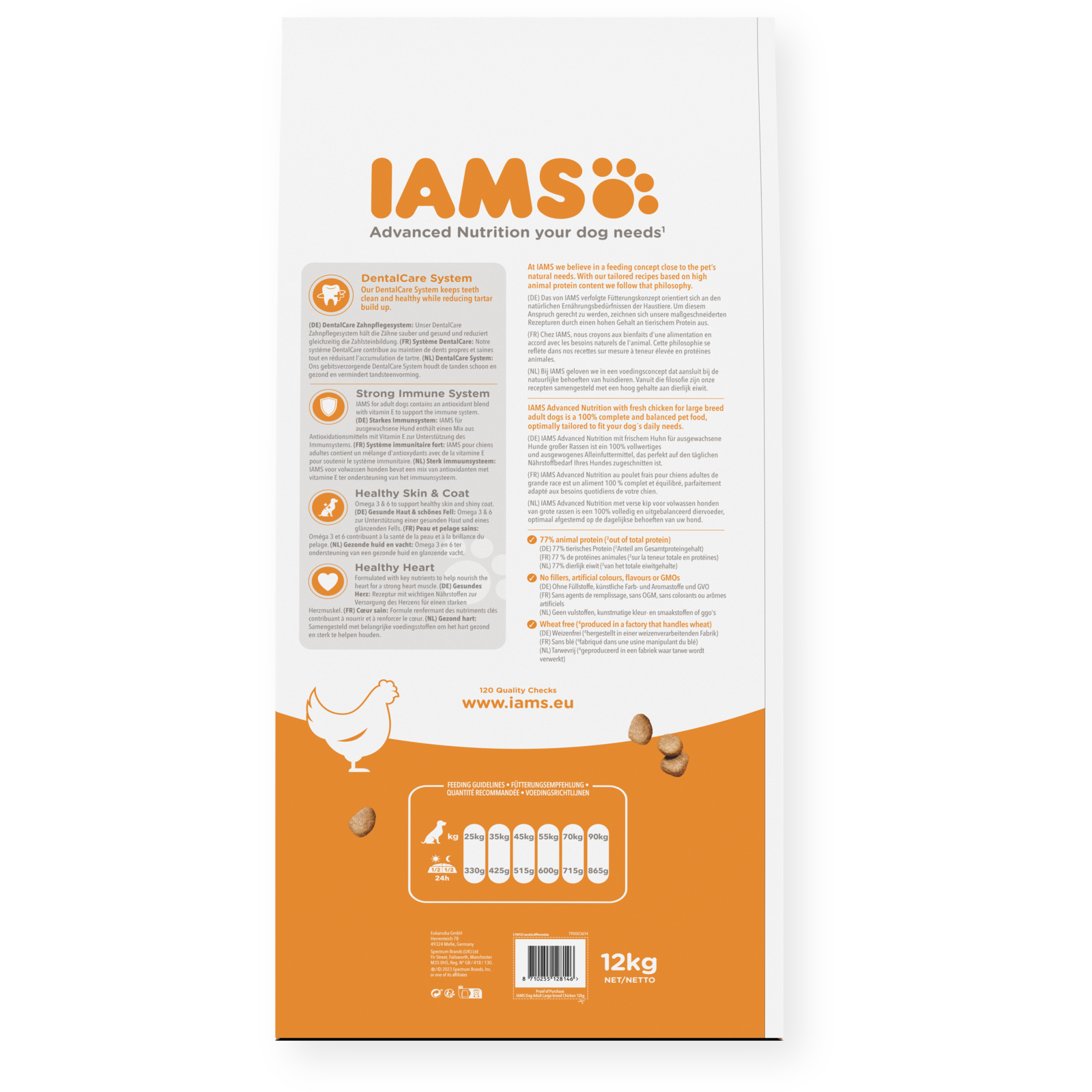 IAMS sausas maistas didelių veislių šunims su vištiena, L, 12 kg šėrimo rekomendacijos