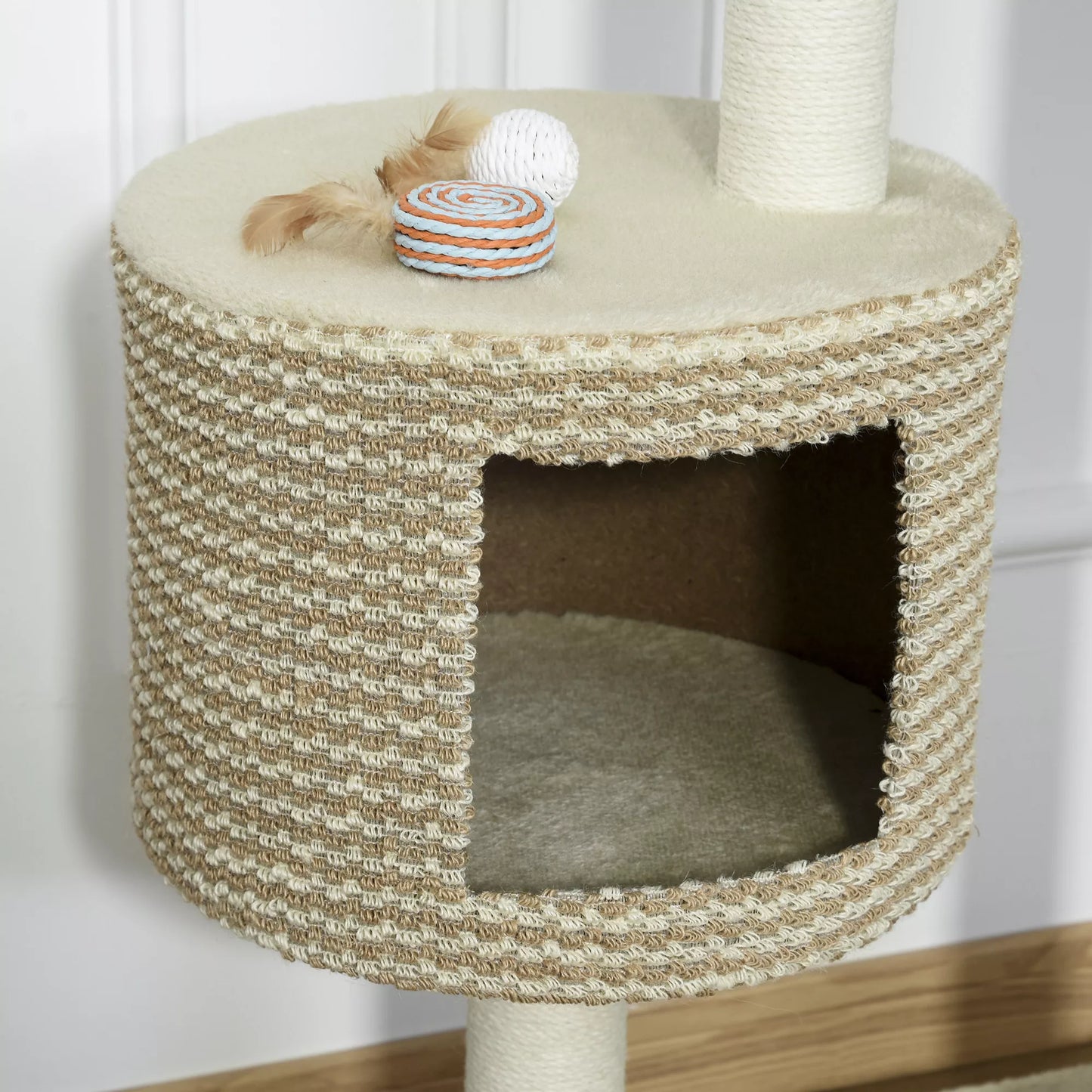 Katės medis, draskyklė, laipiojimo medis, minkštos apžvalgos platformos, smėlio ir kavos spalvos, medžio drožlių plokštė, pliušas, džiutas, 61x41x96 cm