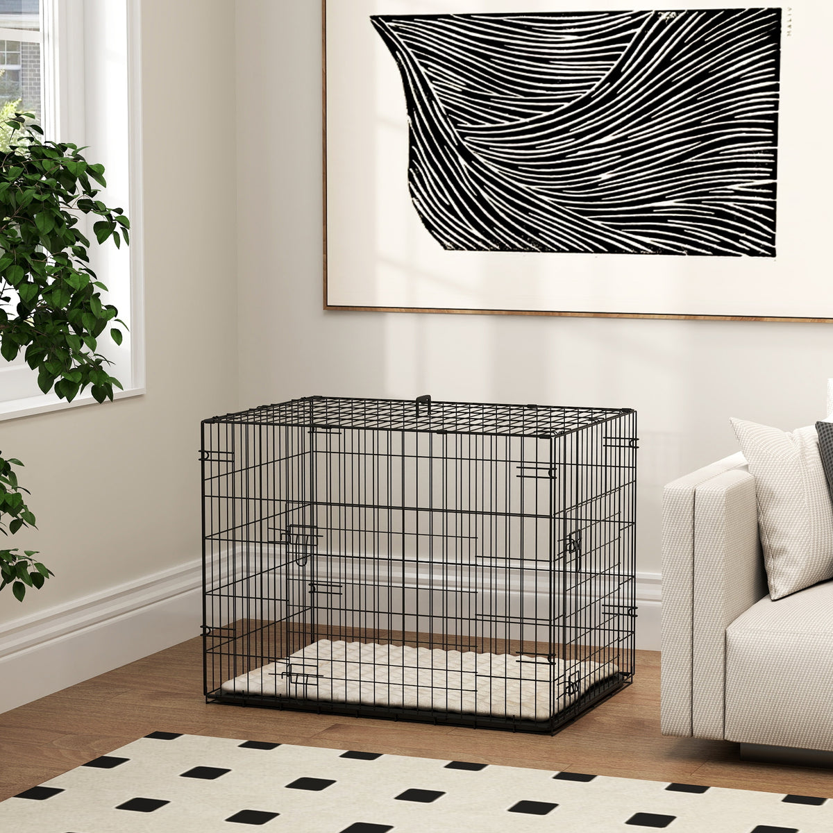 Sulankstomas narvas šunims su 2 durelėmis, ištraukiamu padėklu ir pagalvėle, 75x48,5x53 cm, iki 10 kg, juodas
