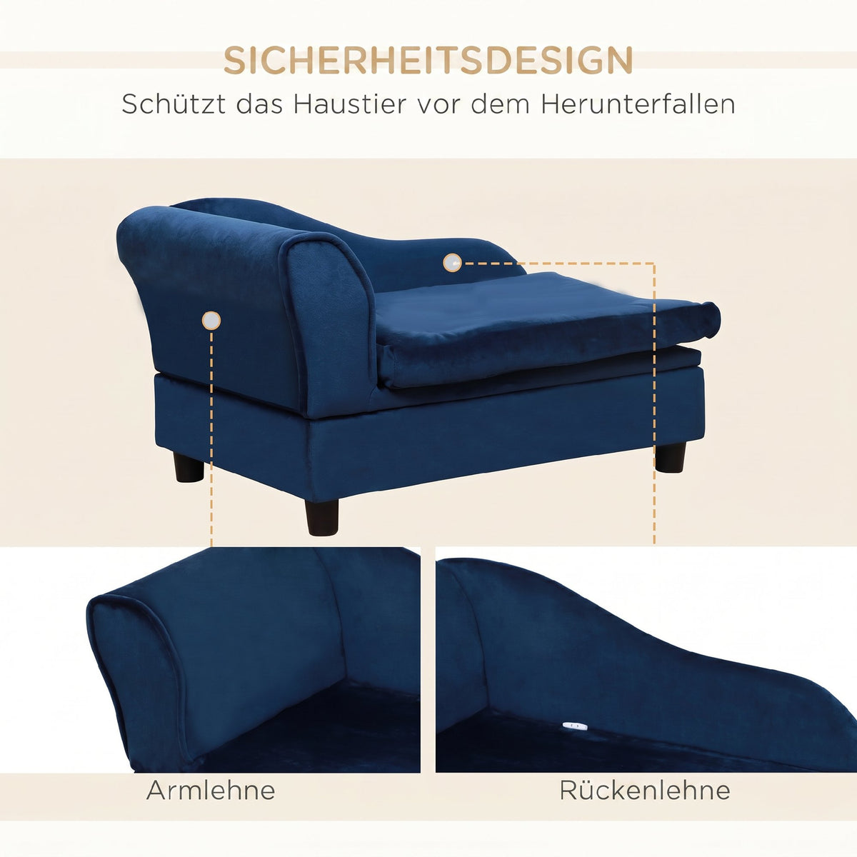Sofa šunims ir katėms su daiktadėže ir pagalvėle, pliušinė, iki 15 kg, 76x45x43 cm, mėlyna