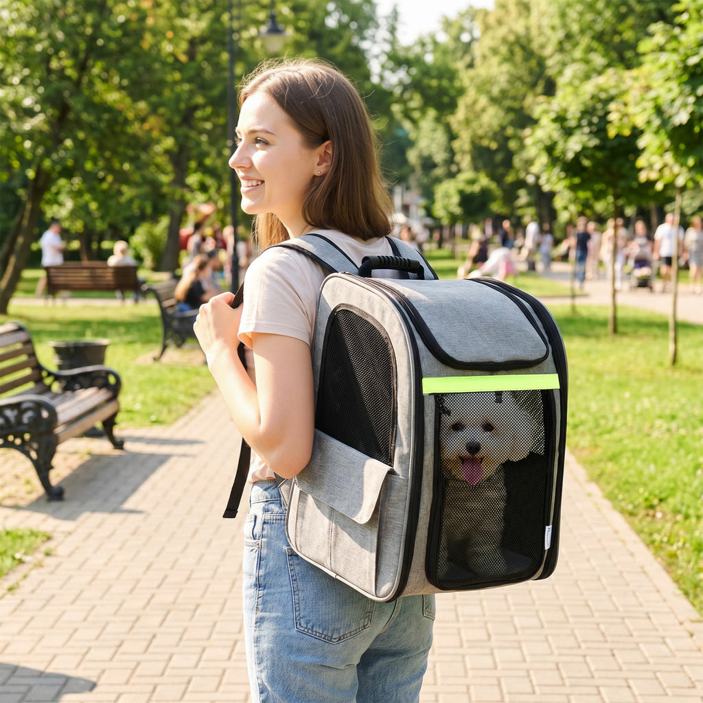 Praplečiama transportavimo kuprinė šunims ir katėms iki 10 kg, su 5 kišenėmis, 33,5x28x42 cm, šviesiai pilka